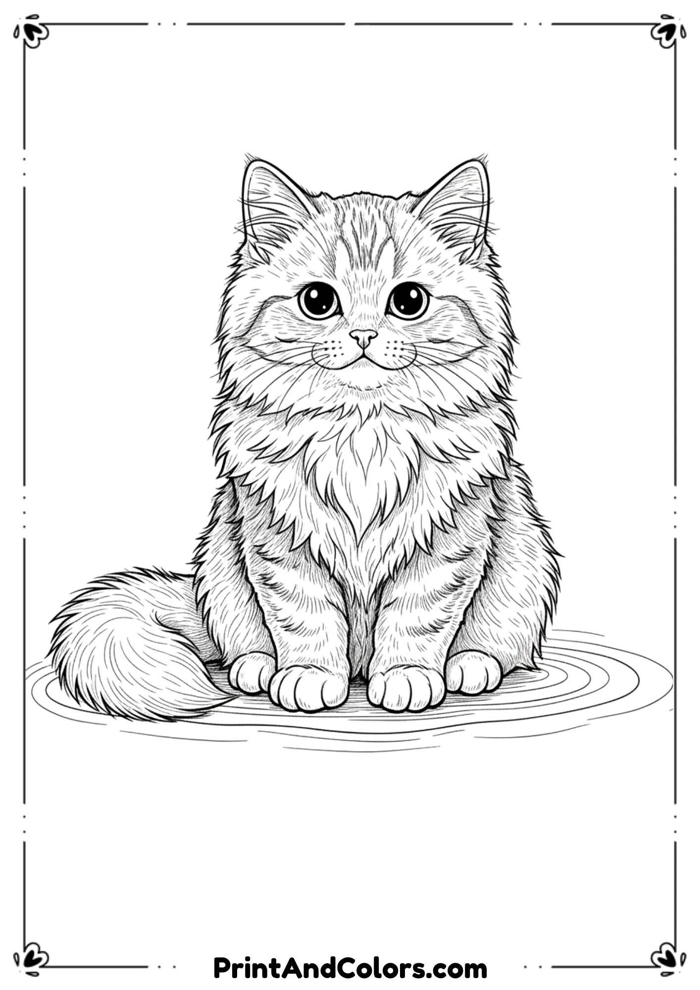  British Longhair kitten with fluffy coat sitting calmly, realistic fur lines, outlined for coloring.
