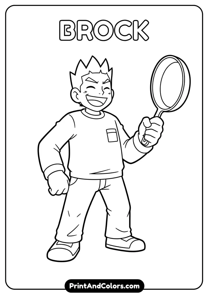 Brock with frying pan – funny and nostalgic coloring page.