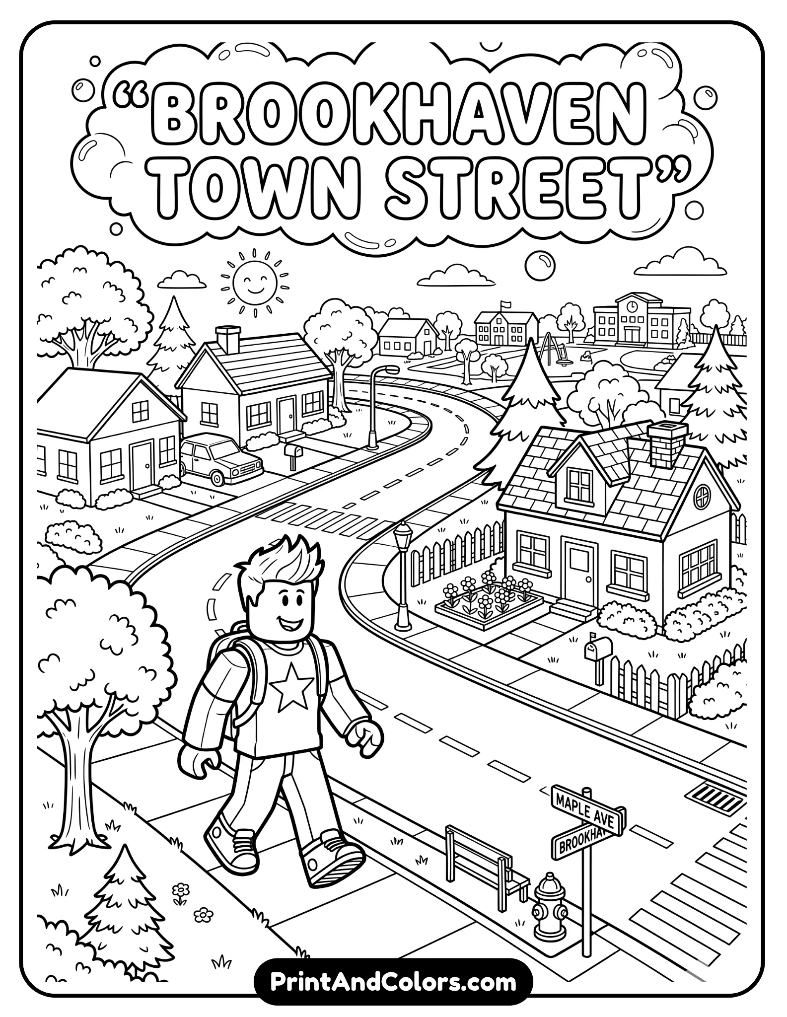 Brookhaven town street scene with Roblox avatar walking, houses, trees, road lines, simple suburban layout, clean line art
