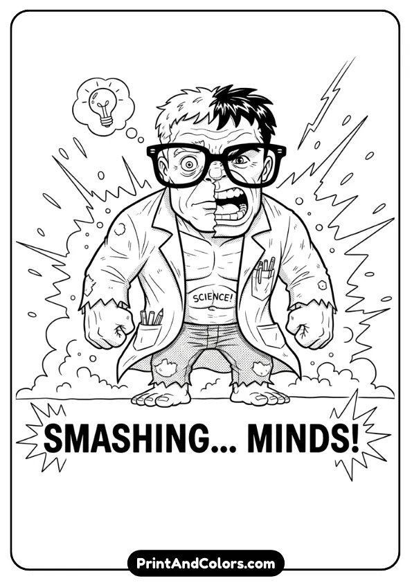 Funny line-art of Hulk wearing nerd-style glasses, half Bruce Banner expression, thick outlines, humorous style, black and white