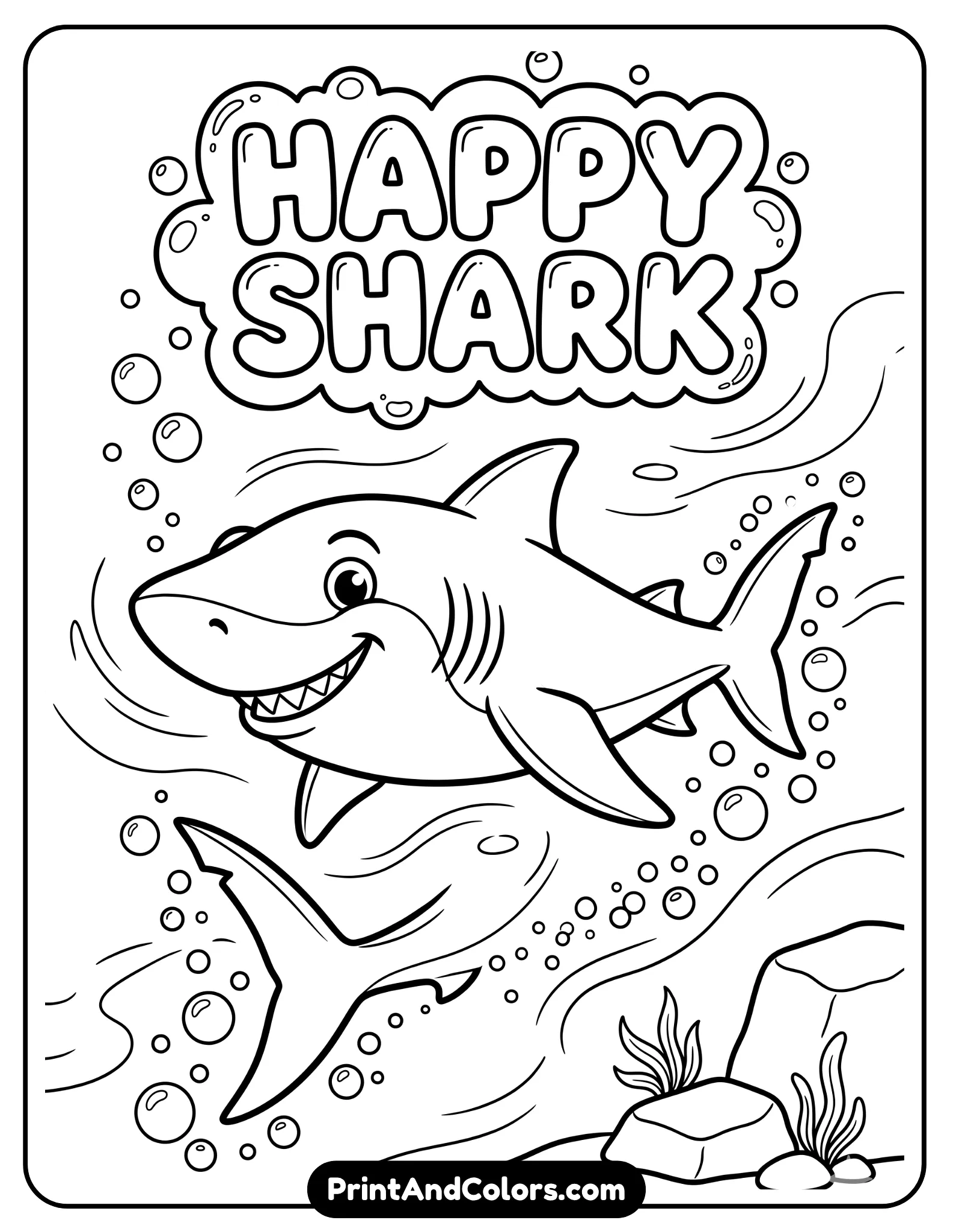 Line art of a large friendly shark swimming in open water with bubbles and minimal rock elements. Bold outlines, cartoon style