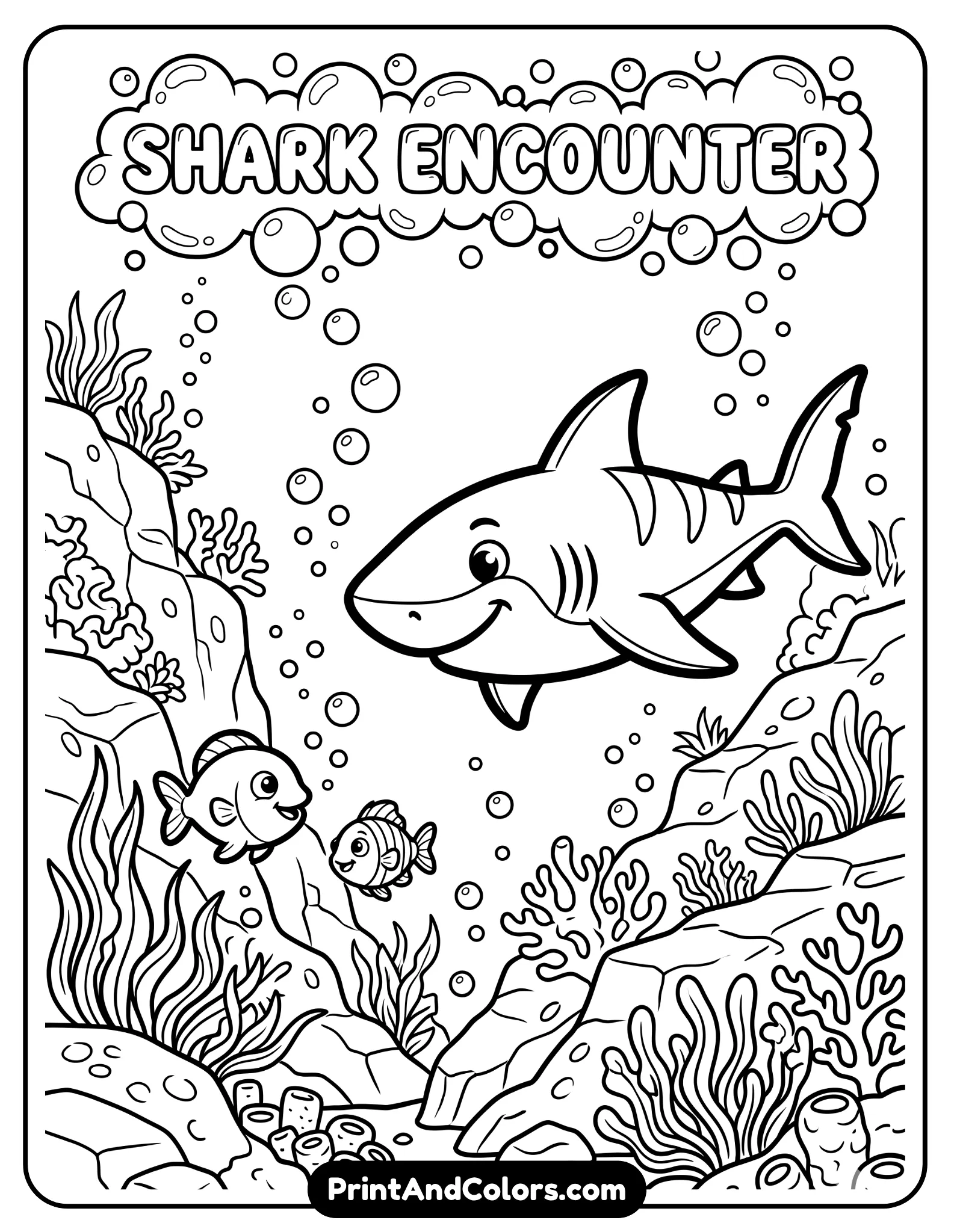 Black and white underwater scene showing a large shark approaching two smaller fish, with rocks and bubbles in the background. Cartoon style, not scary, bold outlines