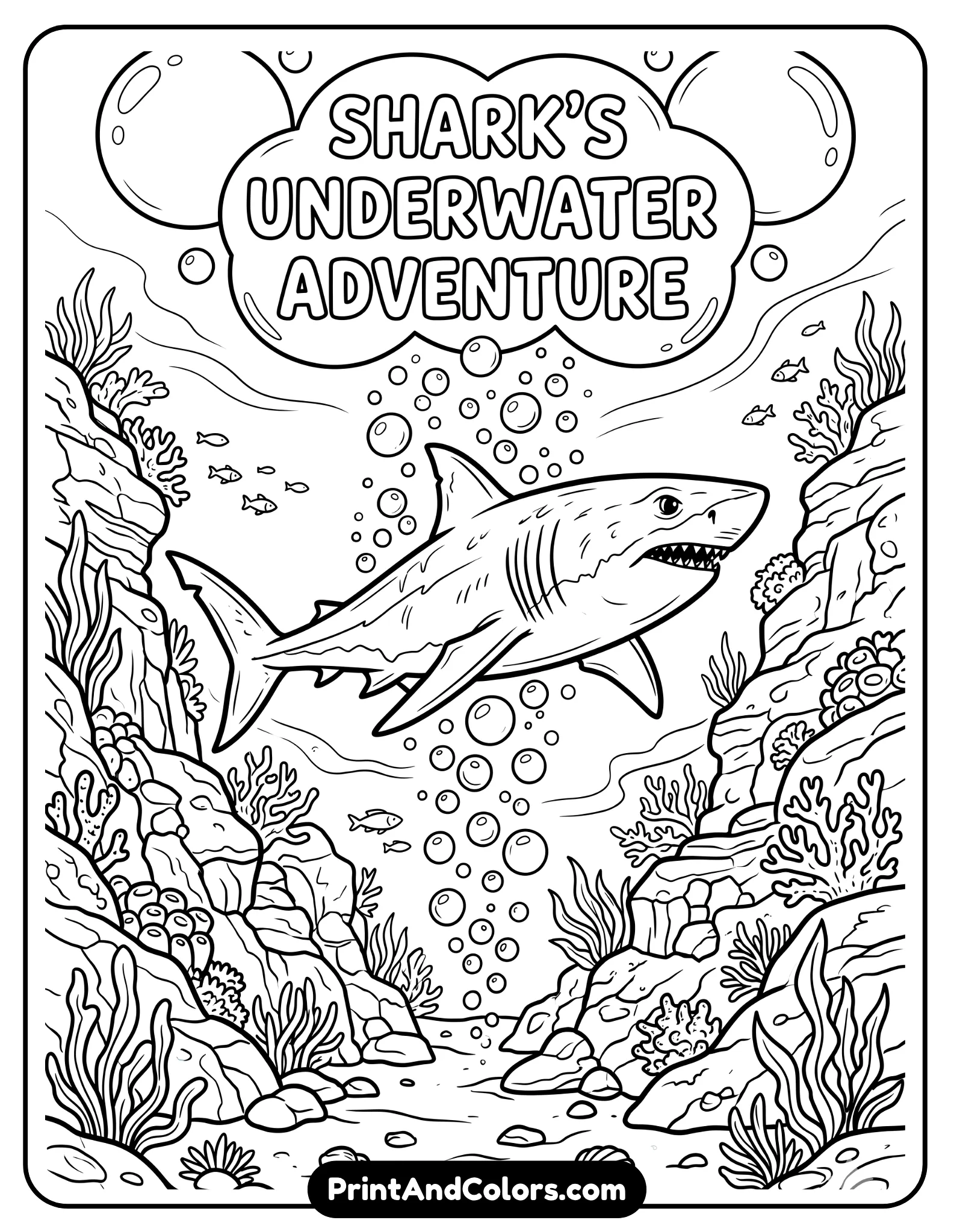 Line art of a large shark swimming between underwater rocks with bubbles rising around. Cartoon style, bold outlines, balanced composition for coloring