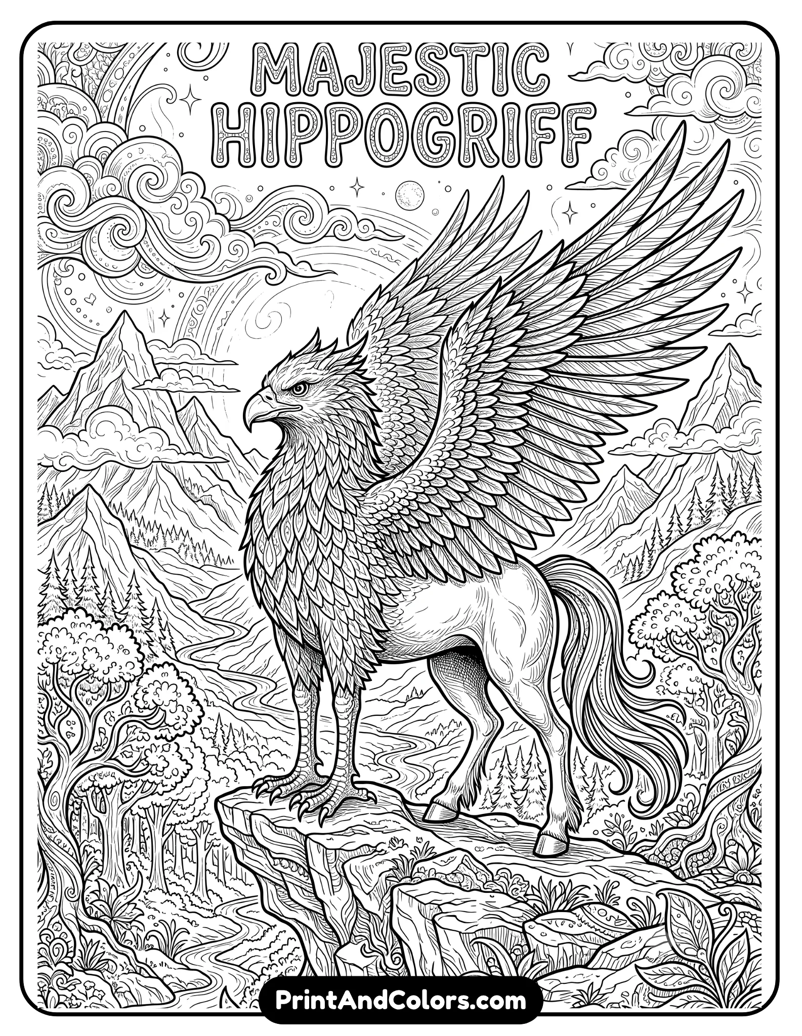 Beautiful black and white coloring page of a majestic hippogriff with eagle wings and horse body standing proudly on a rocky cliff. Include detailed feathers, clouds, mountains, magical trees, and fantasy sky scenery. Printable intricate line art for coloring book