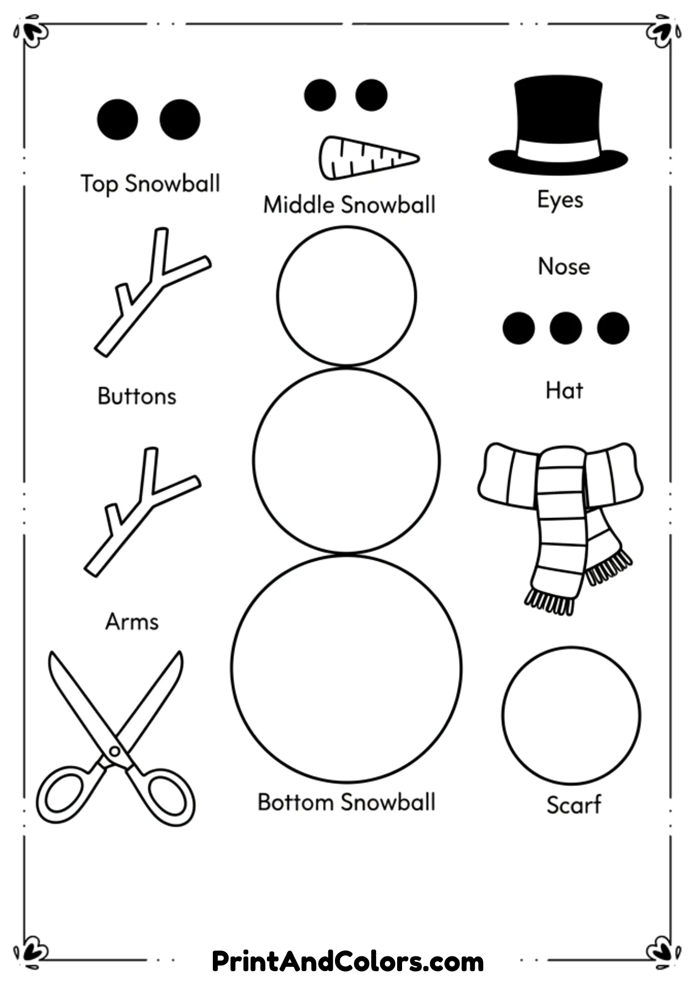 Cut-and-assemble style template: separate line art pieces including snowballs, eyes, hat, carrot nose, scarf, arms, and buttons. Organized neatly.