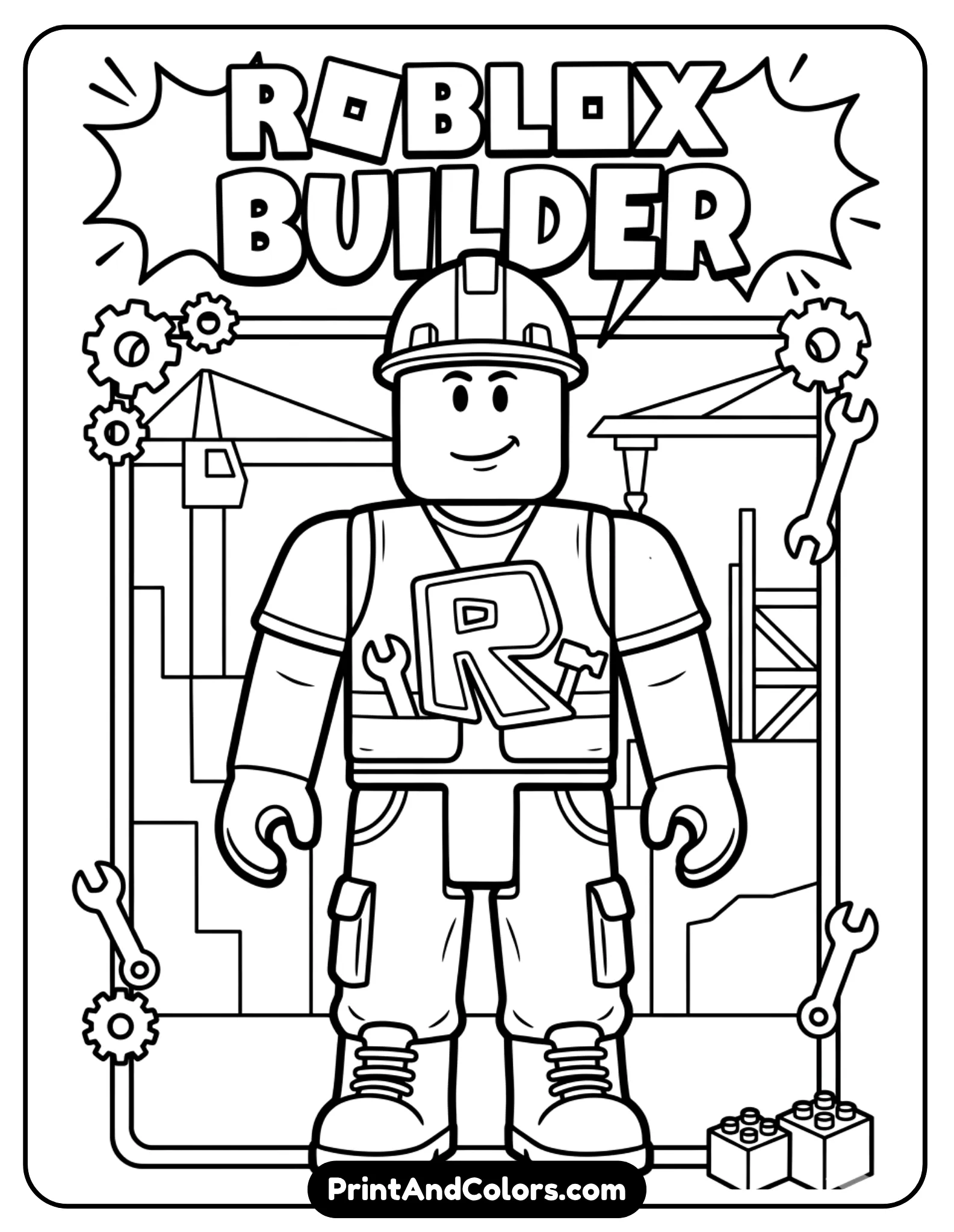 Roblox builder character wearing vest with large “R” logo, standing straight like a collectible card design, simple border frame, bold outlines