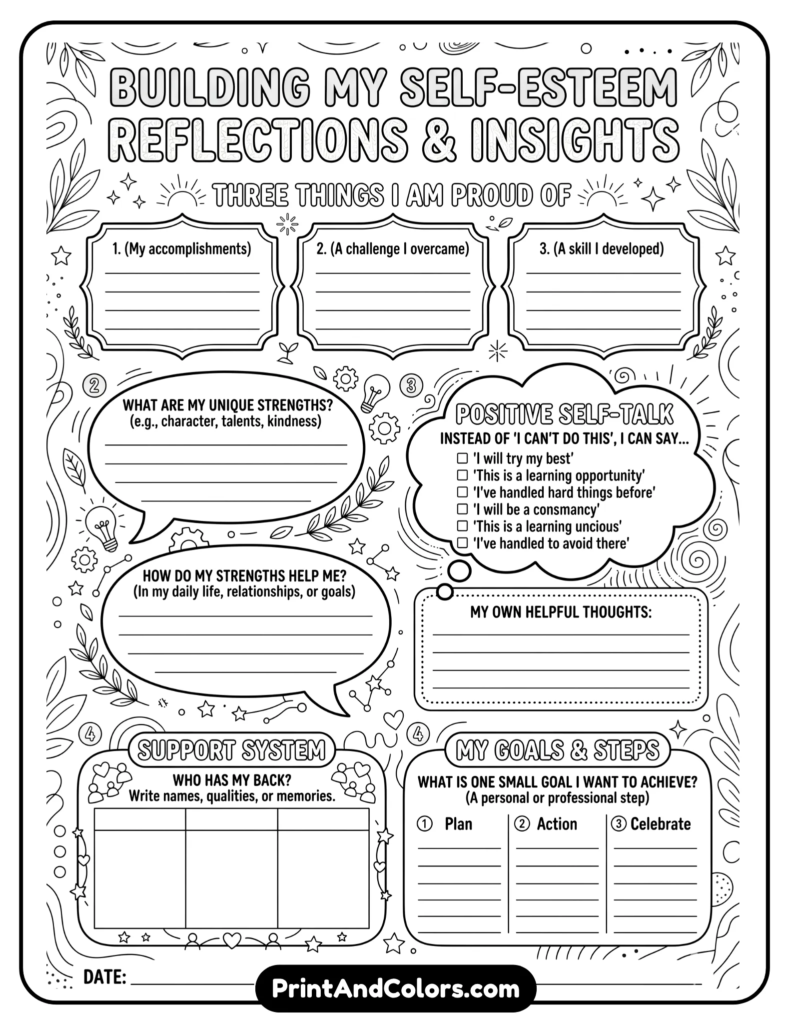 reflective black-and-white worksheet with calm shapes, speech bubbles, and question prompts focused on self-esteem. Minimal illustrations, plenty of writing space, neat line art suitable for teens and adults