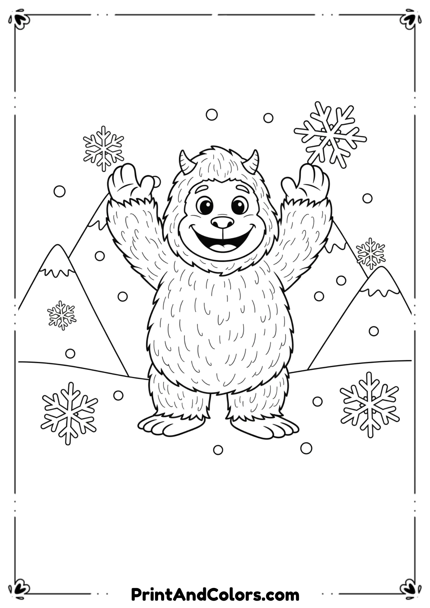 Classic bumble-style abominable snowman with furry outline, friendly monster expression, arms raised. Minimal background.
