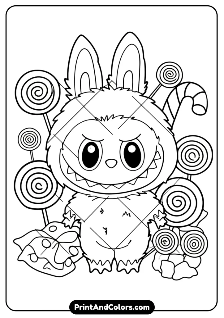 Labubu surrounded by candies, lollipops, and sweets in a fun and playful black and white line art perfect for kids’ coloring