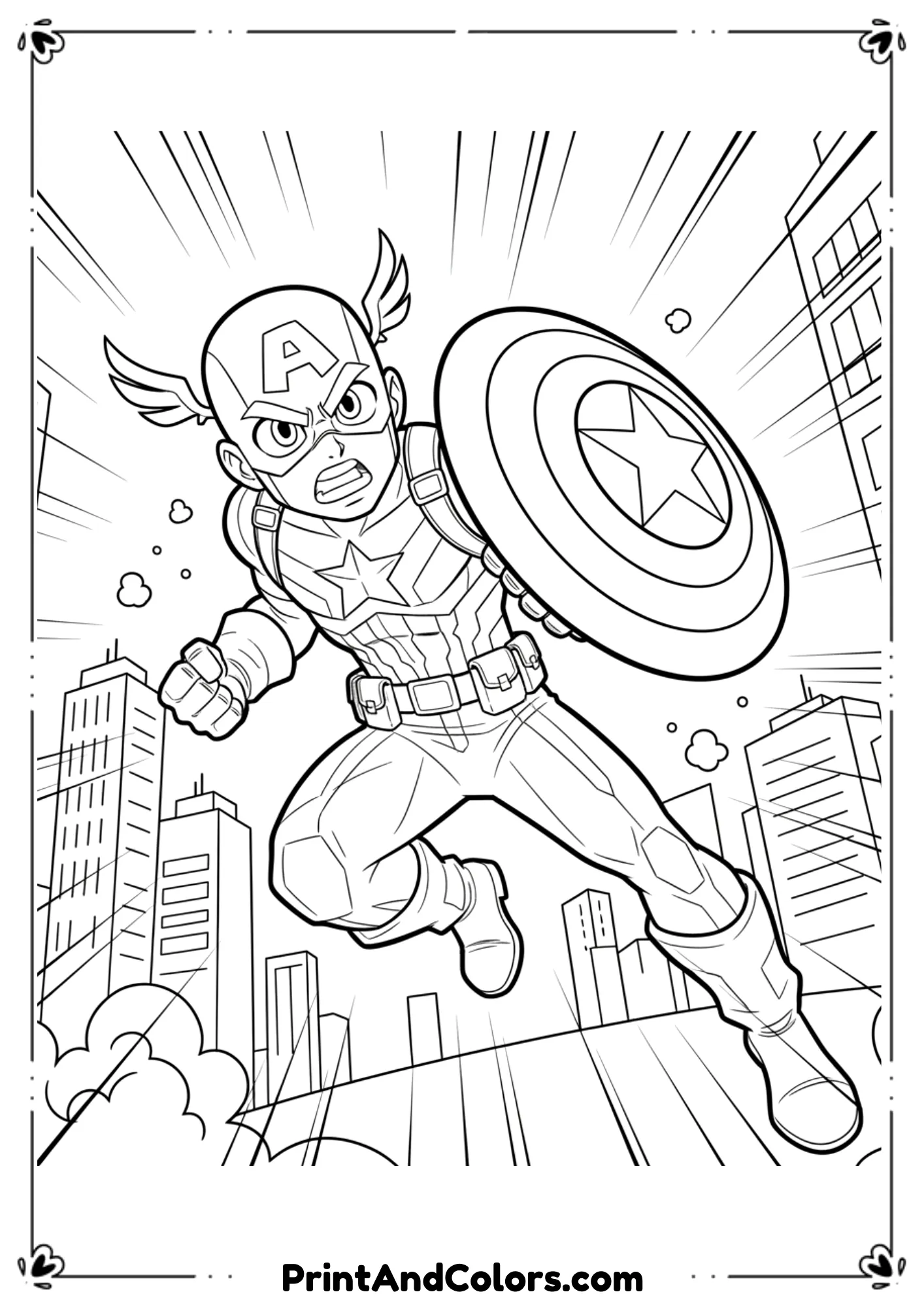 Japanese anime-inspired line art of Captain America with expressive face and detailed shield.
