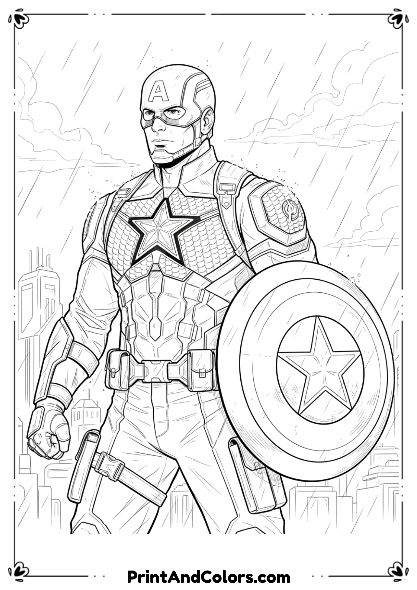 Line art of Captain America from Brave New World, detailed new suit design with shield.
