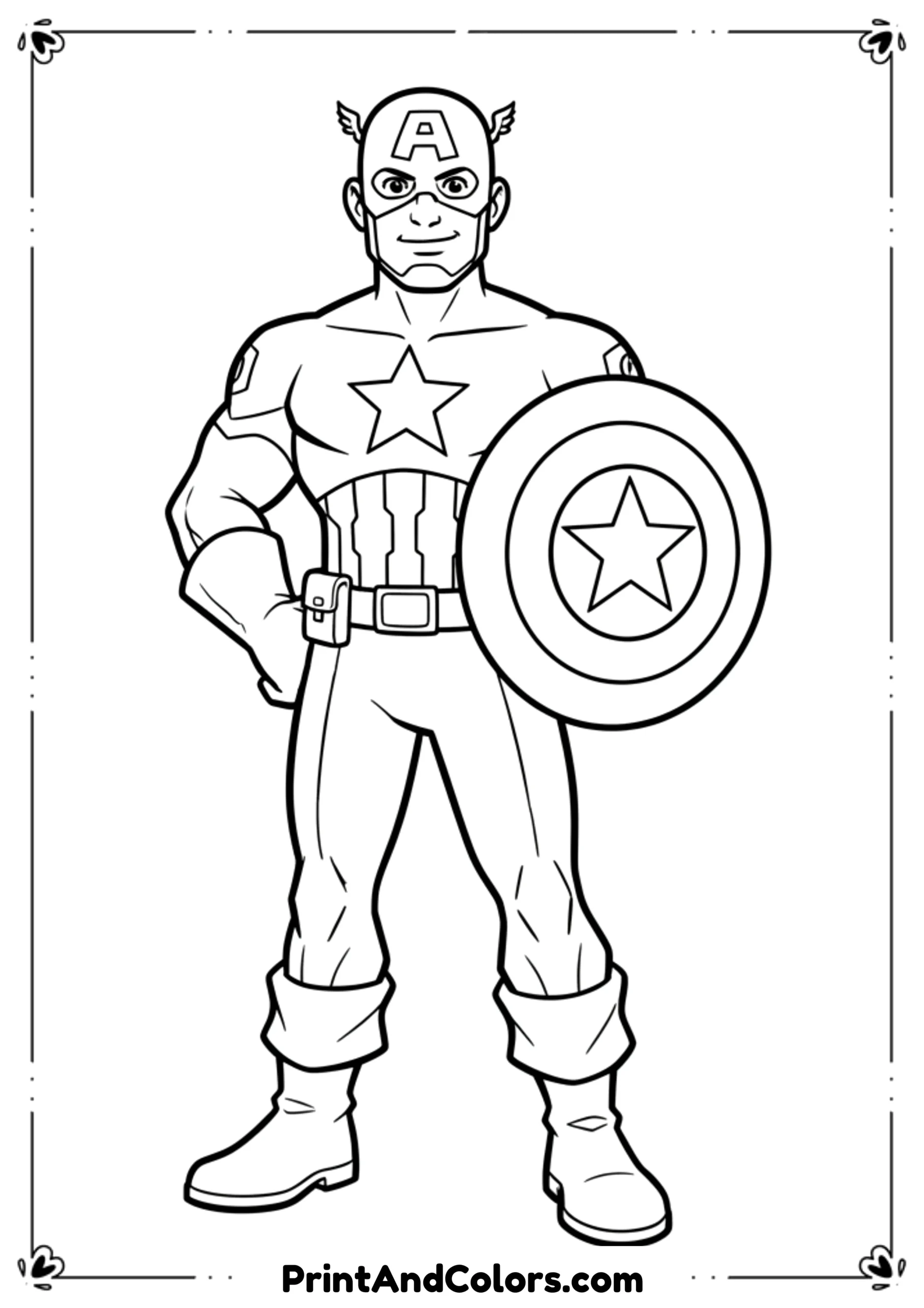 Simple black and white line art of Captain America for free printable use, clean outlines suitable for kids.
