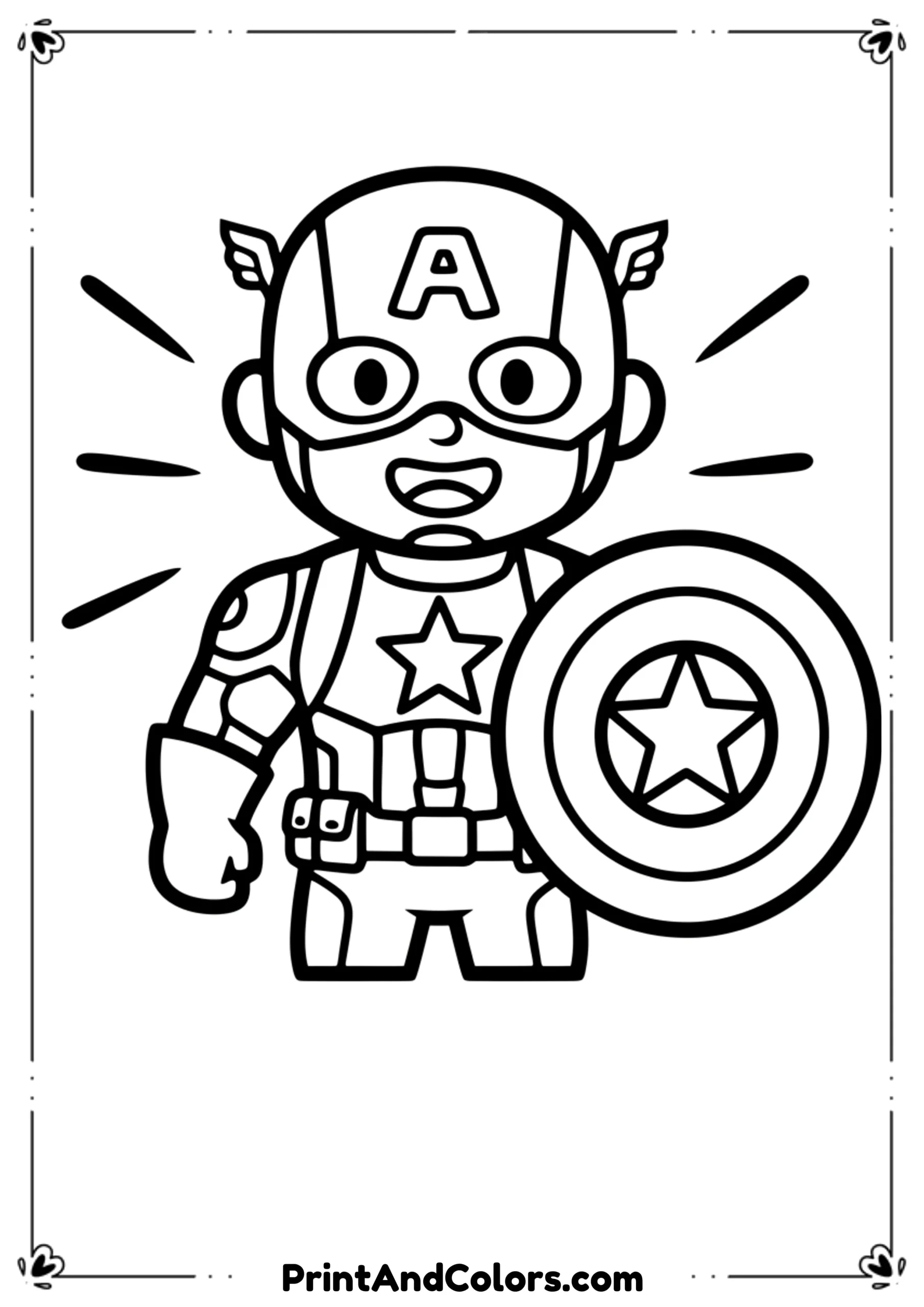 Simplified line art of Captain America smiling with shield, easy design for young kids.
