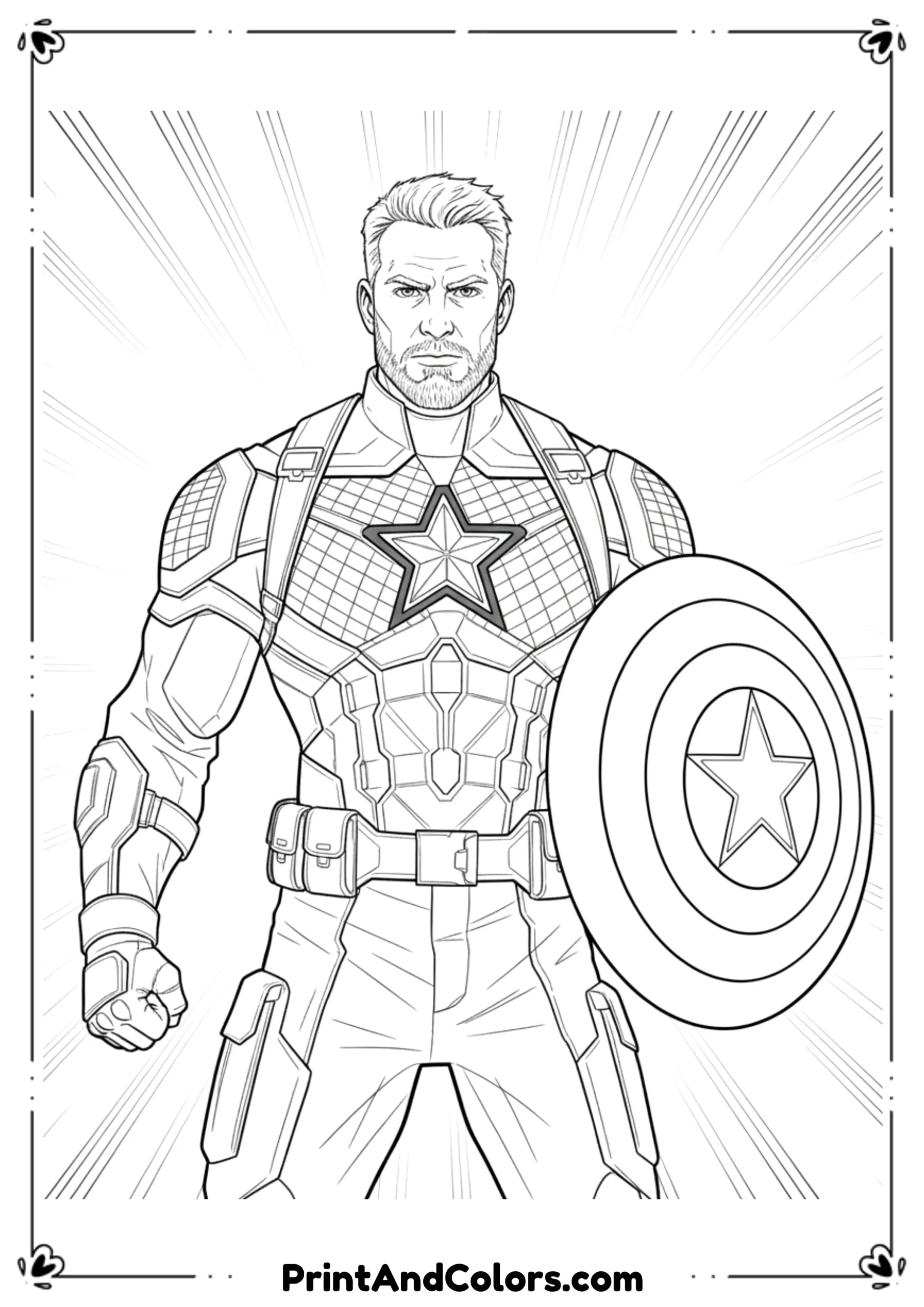  Black and white line art of Captain America from Avengers Endgame, shield in one hand, serious look, epic stance.
