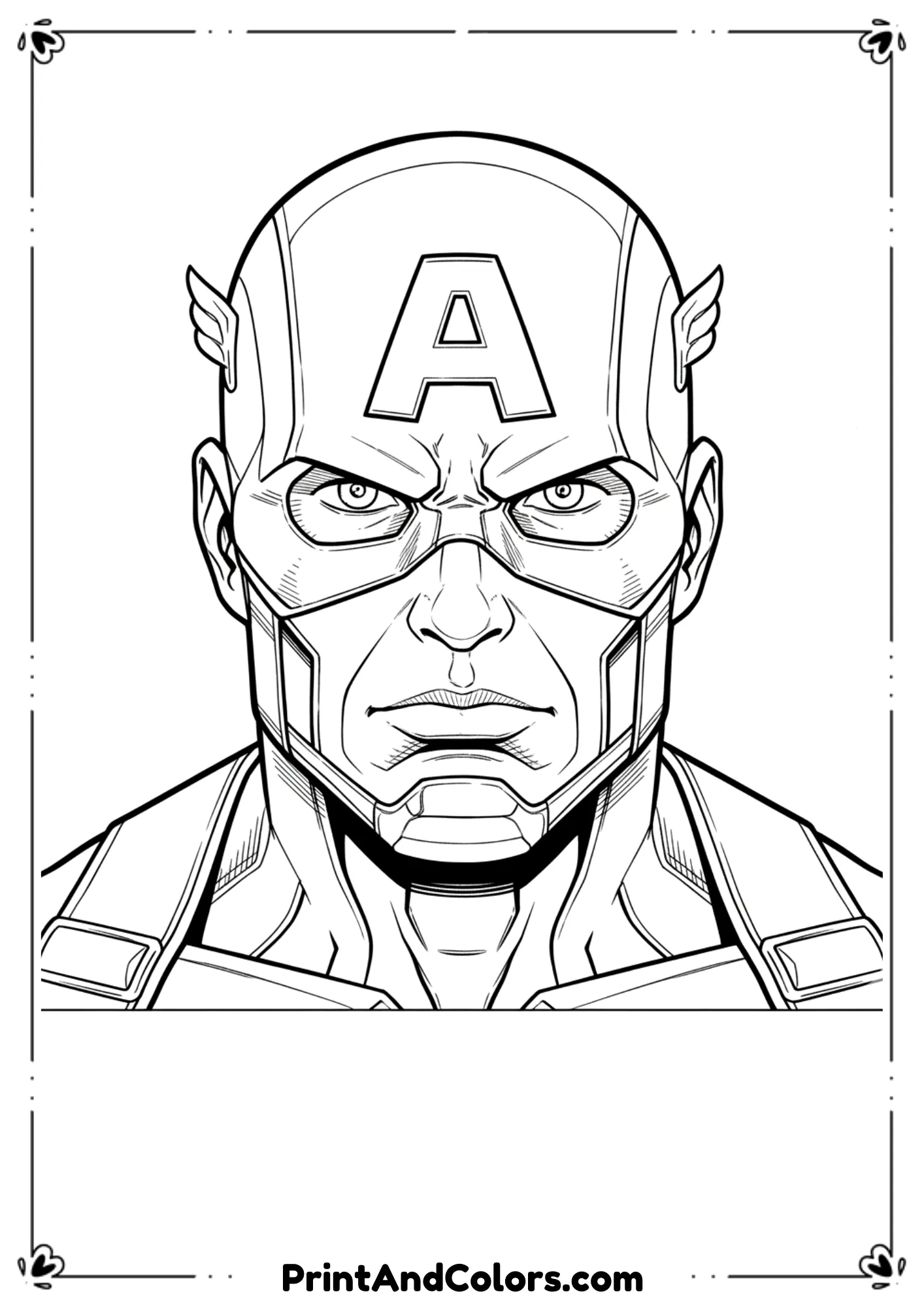 Black and white line drawing close-up of Captain America’s masked face, detailed comic outlines, bold lines for easy coloring.
