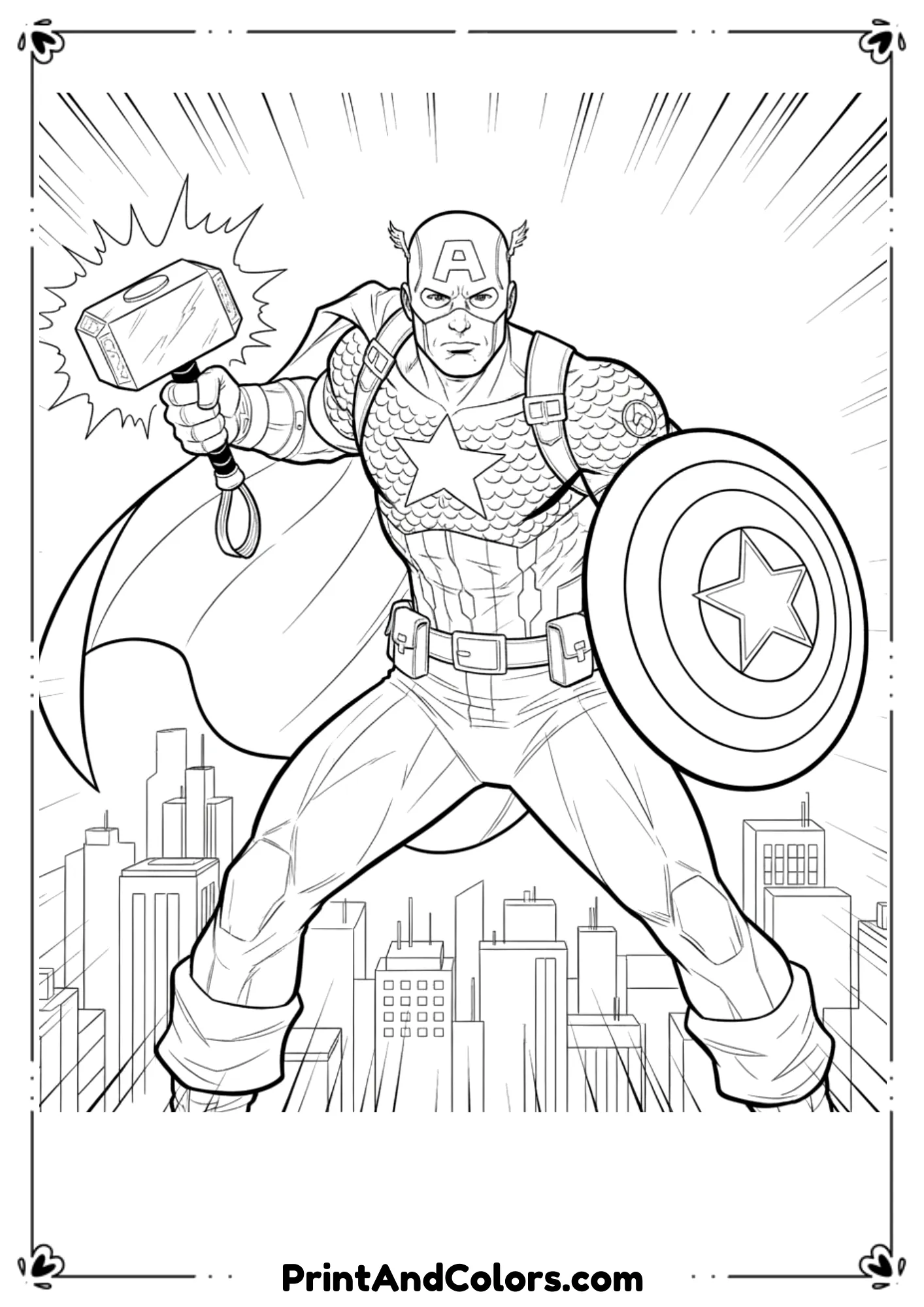 Line drawing of Captain America holding Mjolnir in one hand and shield in other, heroic comic outline.
