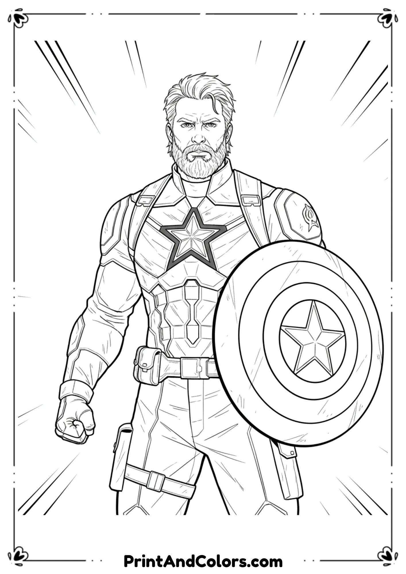 Line art of Captain America in Infinity War uniform, bearded look, holding shield, drawn in bold outlines.
