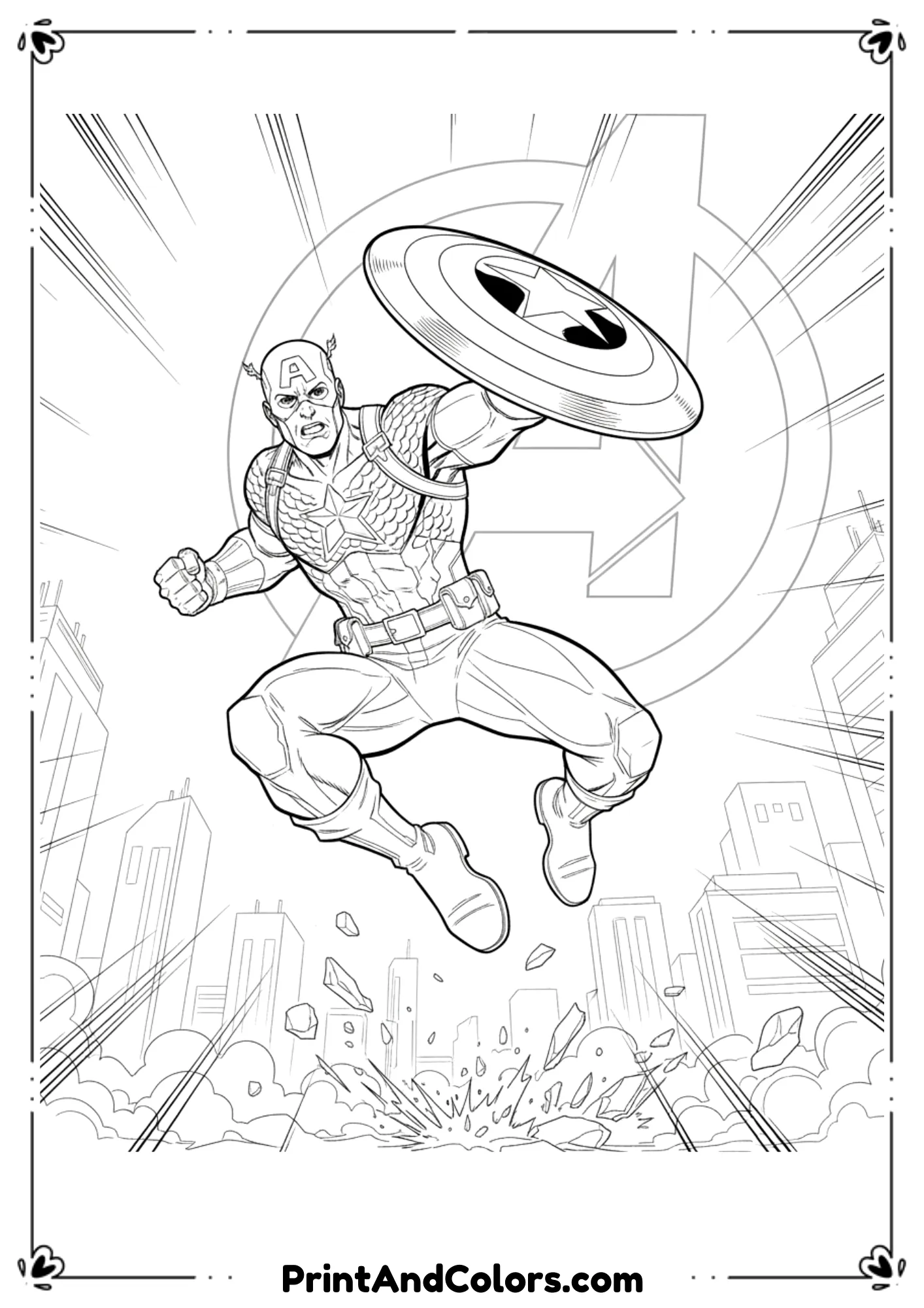  Dynamic line art of Captain America mid-jump through the air with shield raised, action outlines.
