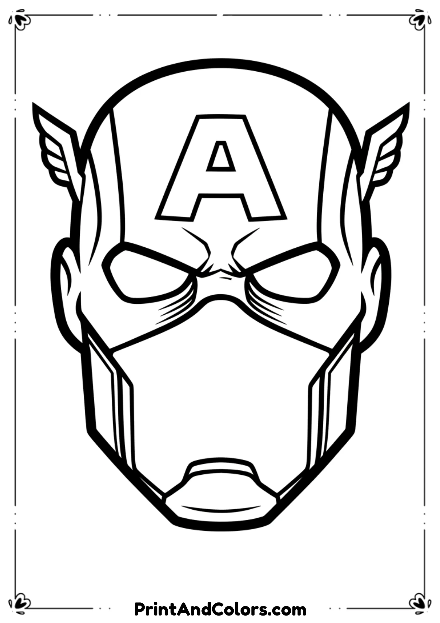 Black and white line art of Captain America’s iconic mask close-up, bold outlines.
