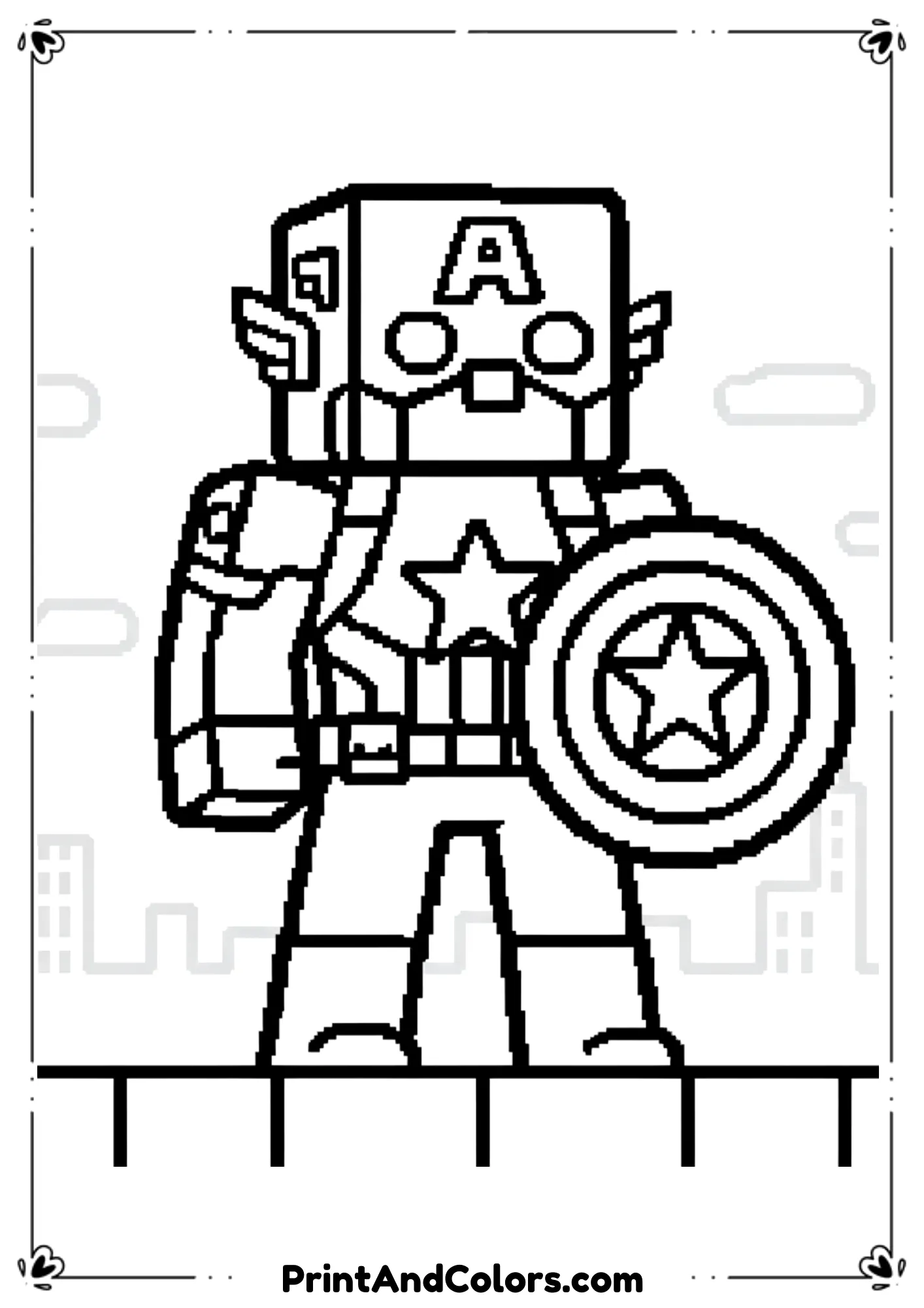  Pixelated Minecraft-style Captain America character with shield, simple blocky outlines.
