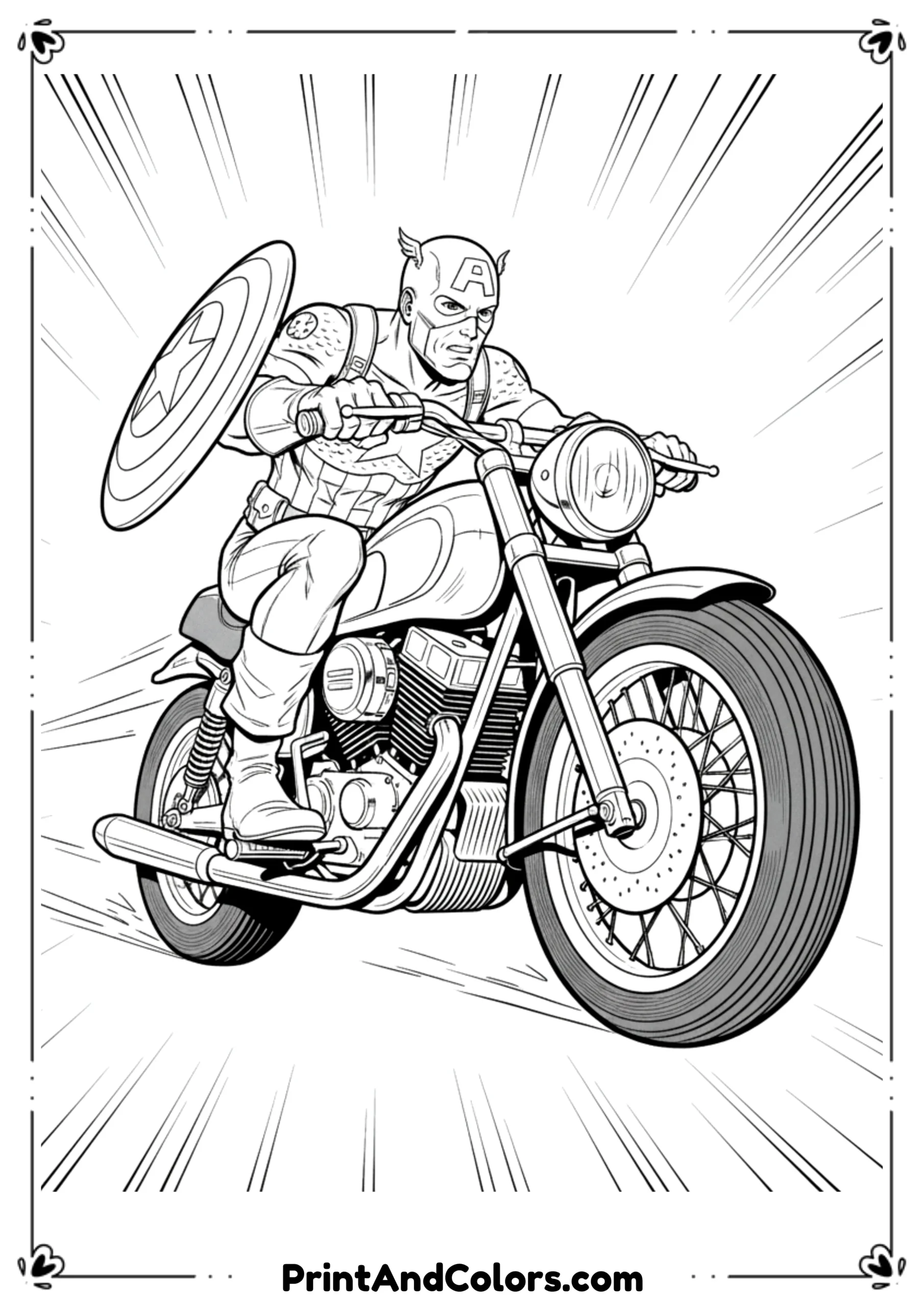 Line art of Captain America riding a motorcycle, shield attached to back, bold comic lines for coloring fun.
