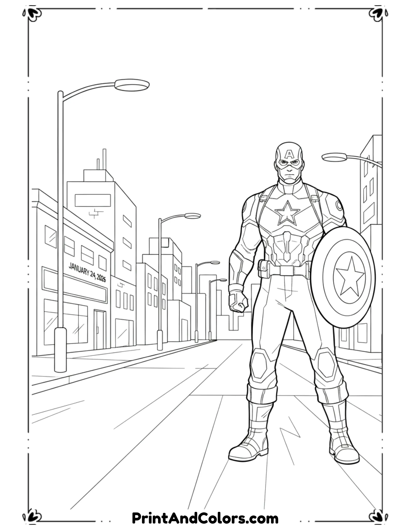 Create a night-time city scene in black and white line art showing Captain America walking through empty city streets. Include simple buildings, streetlights, and shadows formed with clean lines only. Captain America should appear alert and heroic, holding or carrying his shield. Keep outlines bold and background uncluttered for easy coloring.