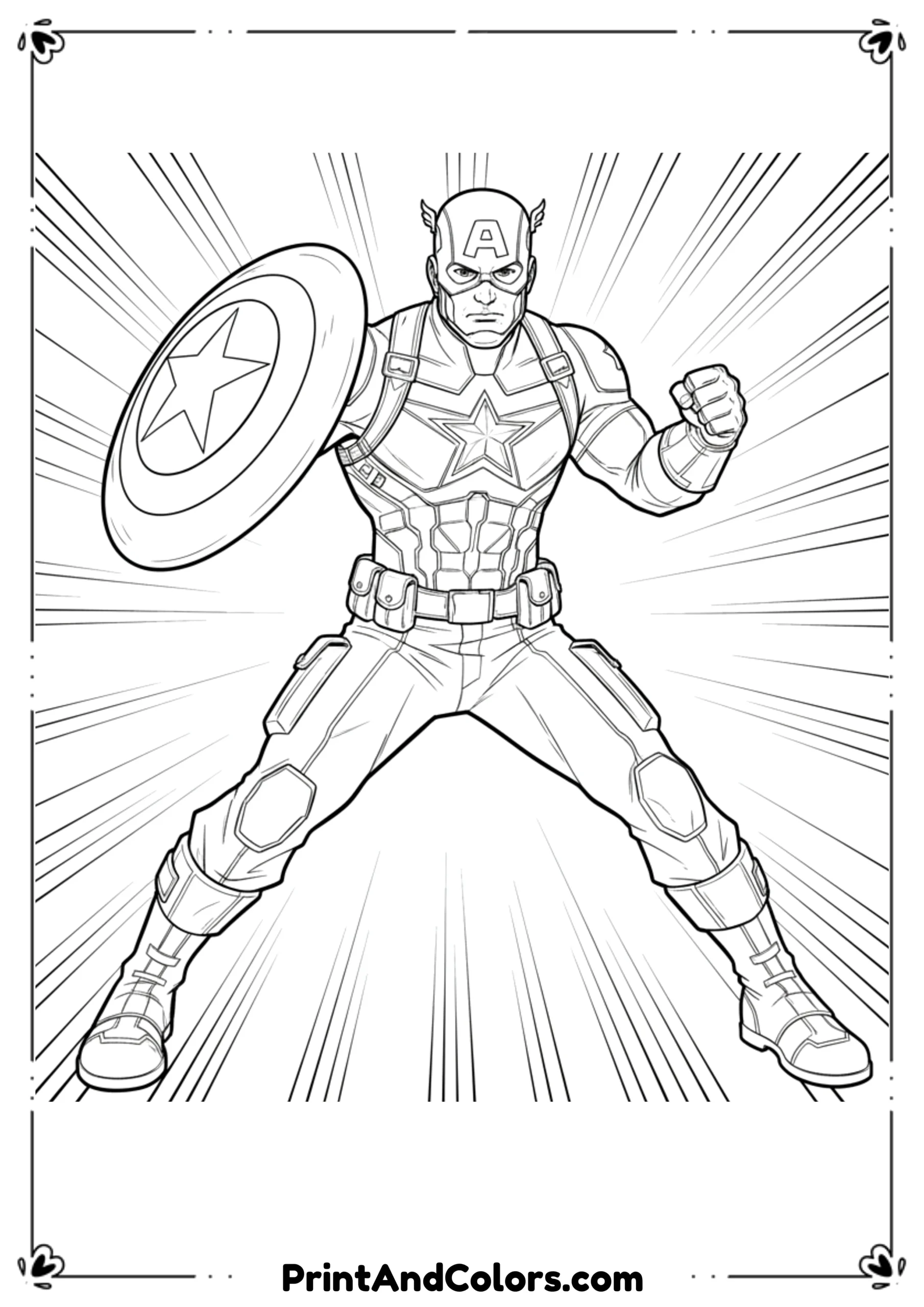 Black and white outline of Captain America in fighting stance, shield in front, ready for action.
