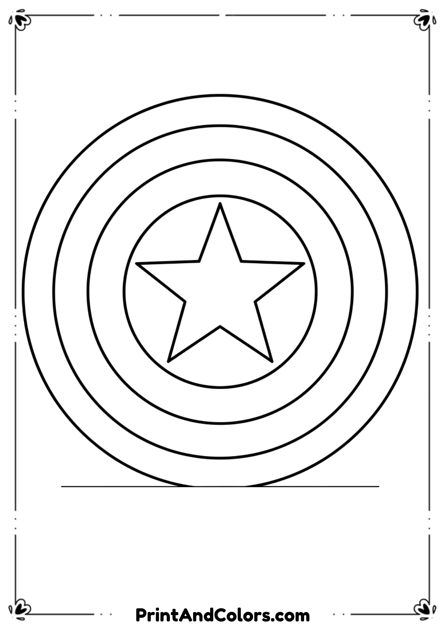 Black and white outline of Captain America’s iconic shield with star in the center, bold comic lines, perfect symmetry for coloring activity.
