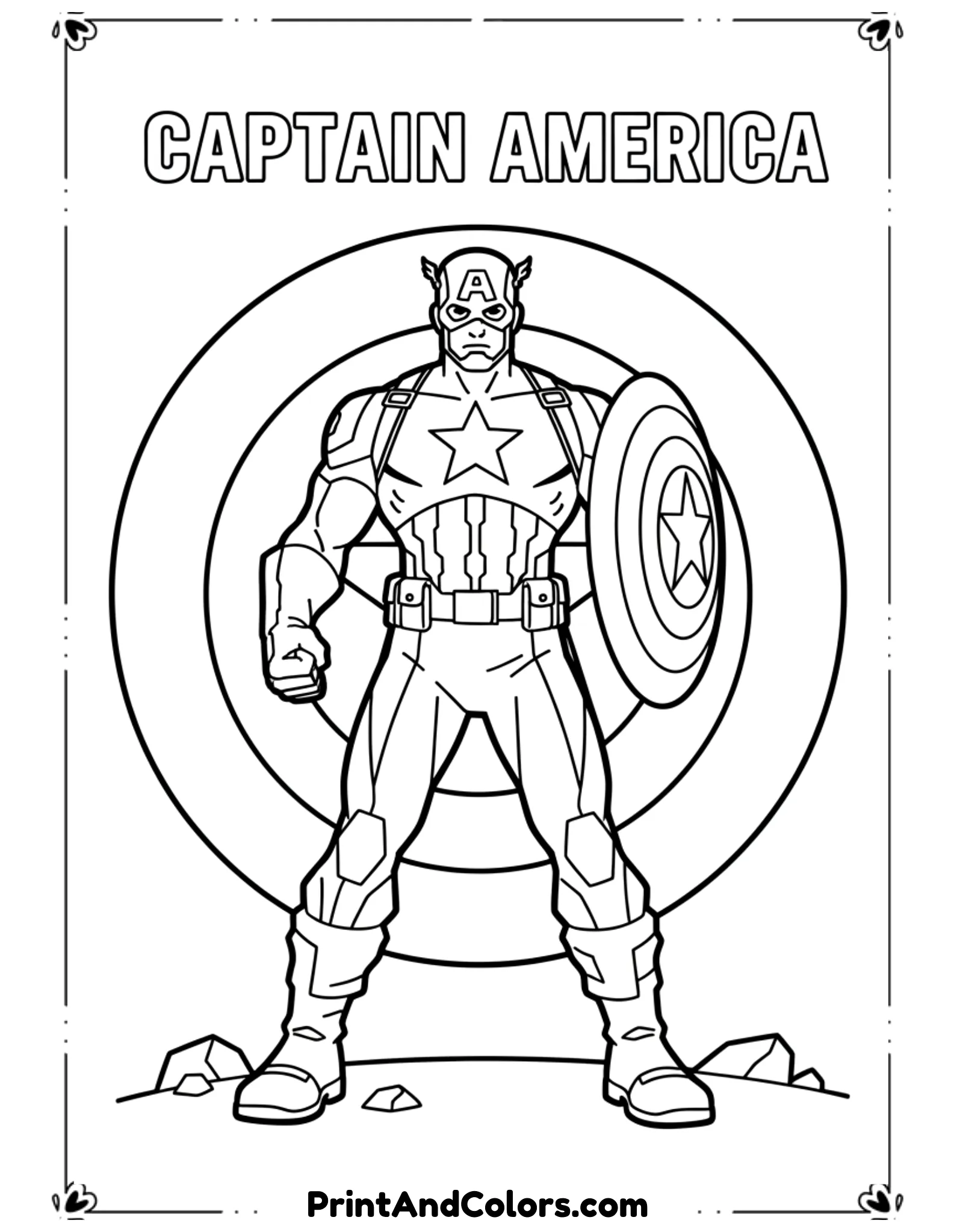 Draw a powerful silhouette-style black and white line art of Captain America in a classic hero pose. Use bold outlines to define his shape while keeping interior details minimal. Include strong shadow-style areas using solid black fills and sharp contrasts, but keep the design clean and printable for coloring. The background should be simple, emphasizing the heroic stance.