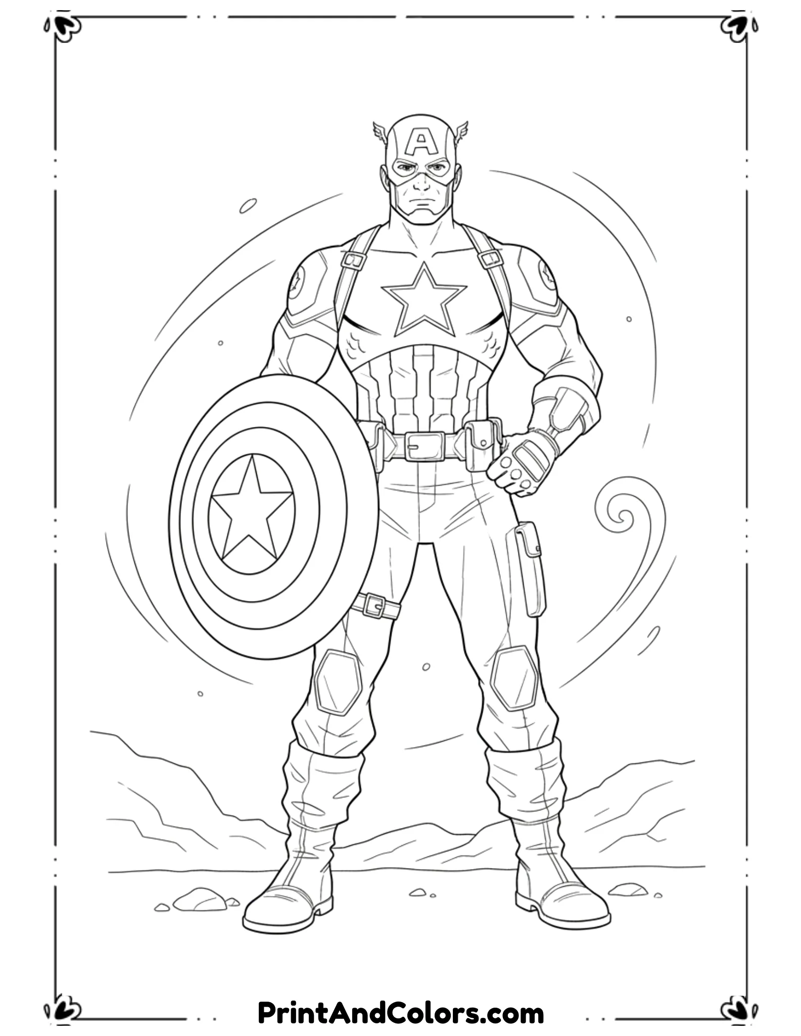 Illustrate Captain America standing calmly with a focused expression, shield resting by his side as he prepares for battle. His posture should show confidence and control. Use clean black line art with clear costume details and minimal background elements like subtle ground lines or wind motion. No shading, perfect for kids and teens coloring.