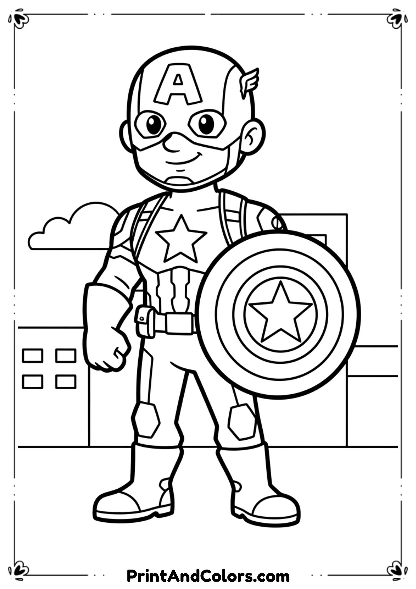 Simple cartoon-style Captain America line art with shield, bold outlines for easy coloring by kids.
