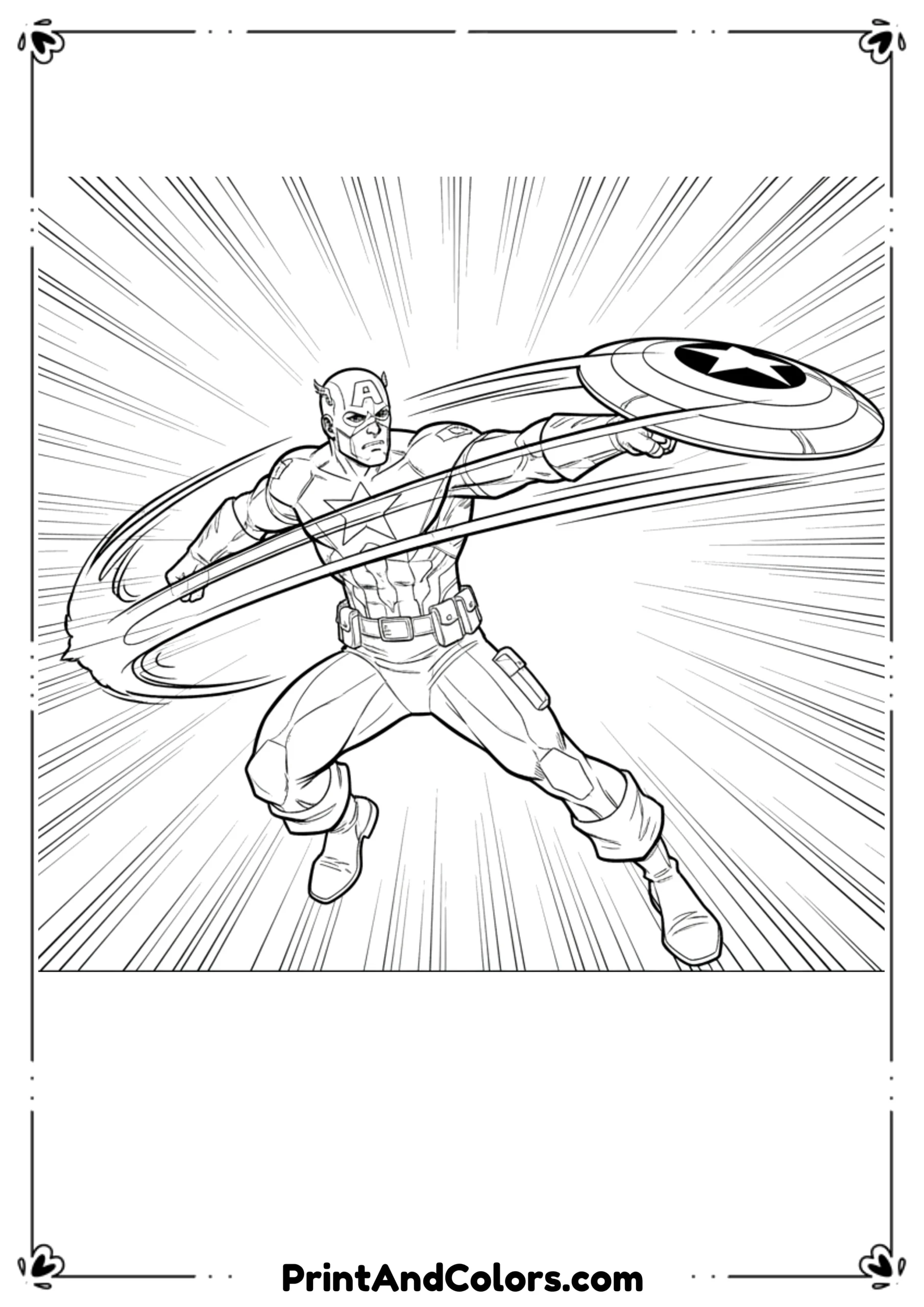Line art of Captain America throwing shield toward enemy, shield motion lines, action pose.
