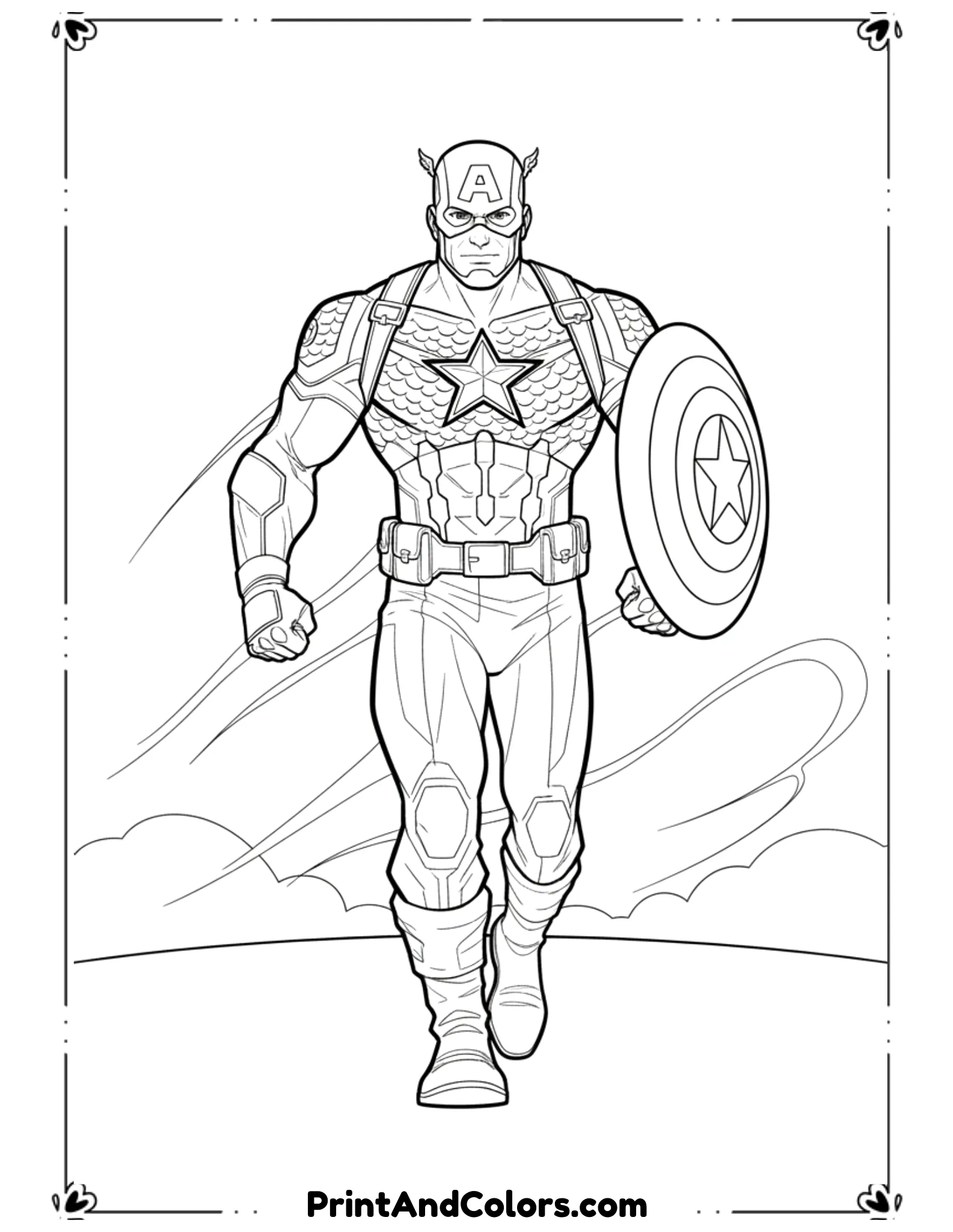 Draw Captain America walking forward confidently with his shield strapped to his back. His body language should show strength and determination. Use strong outlines, clear costume patterns, and light background details such as wind lines or a simple horizon. The illustration must remain black and white line art, optimized for coloring.