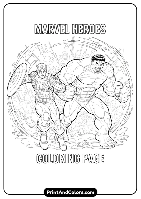 Black and white line-art of Captain America and Hulk fighting side-by-side, Cap holding shield, Hulk charging forward, strong outlines