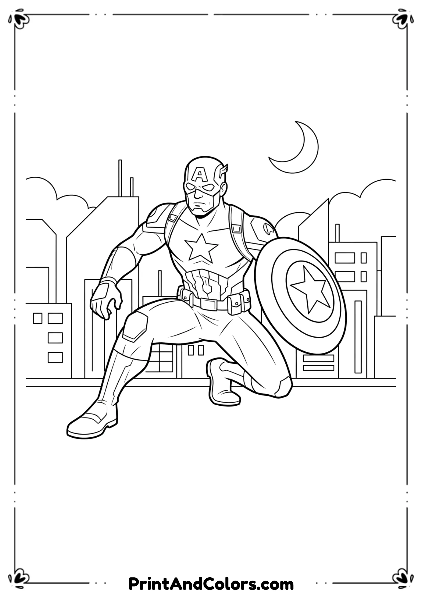 Cartoon-style line art of Captain America in spy mode wearing stealth suit, crouching pose.
