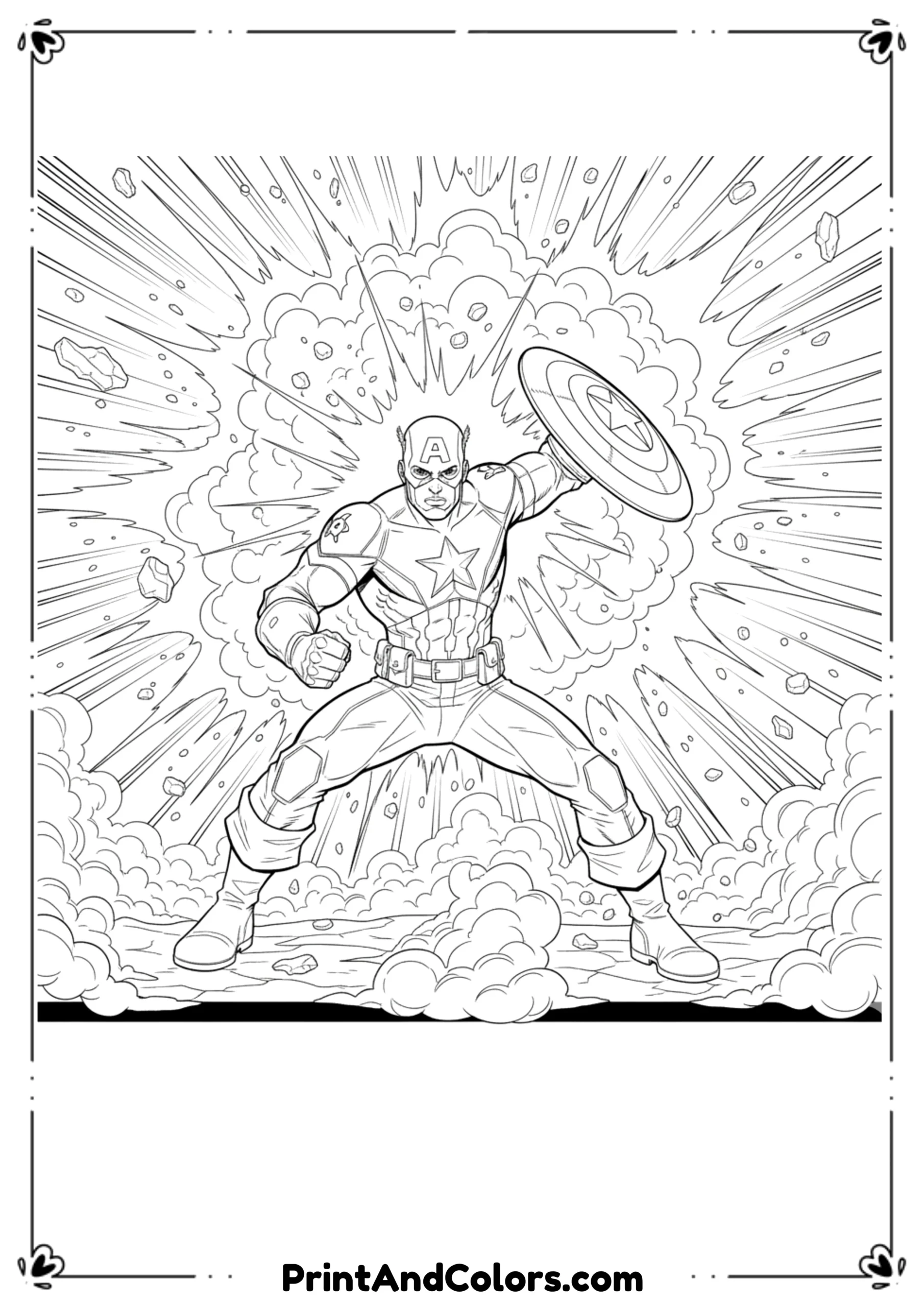 Comic-style line drawing of Captain America fighting in explosive battle scene, shield raised, action-packed outlines.
