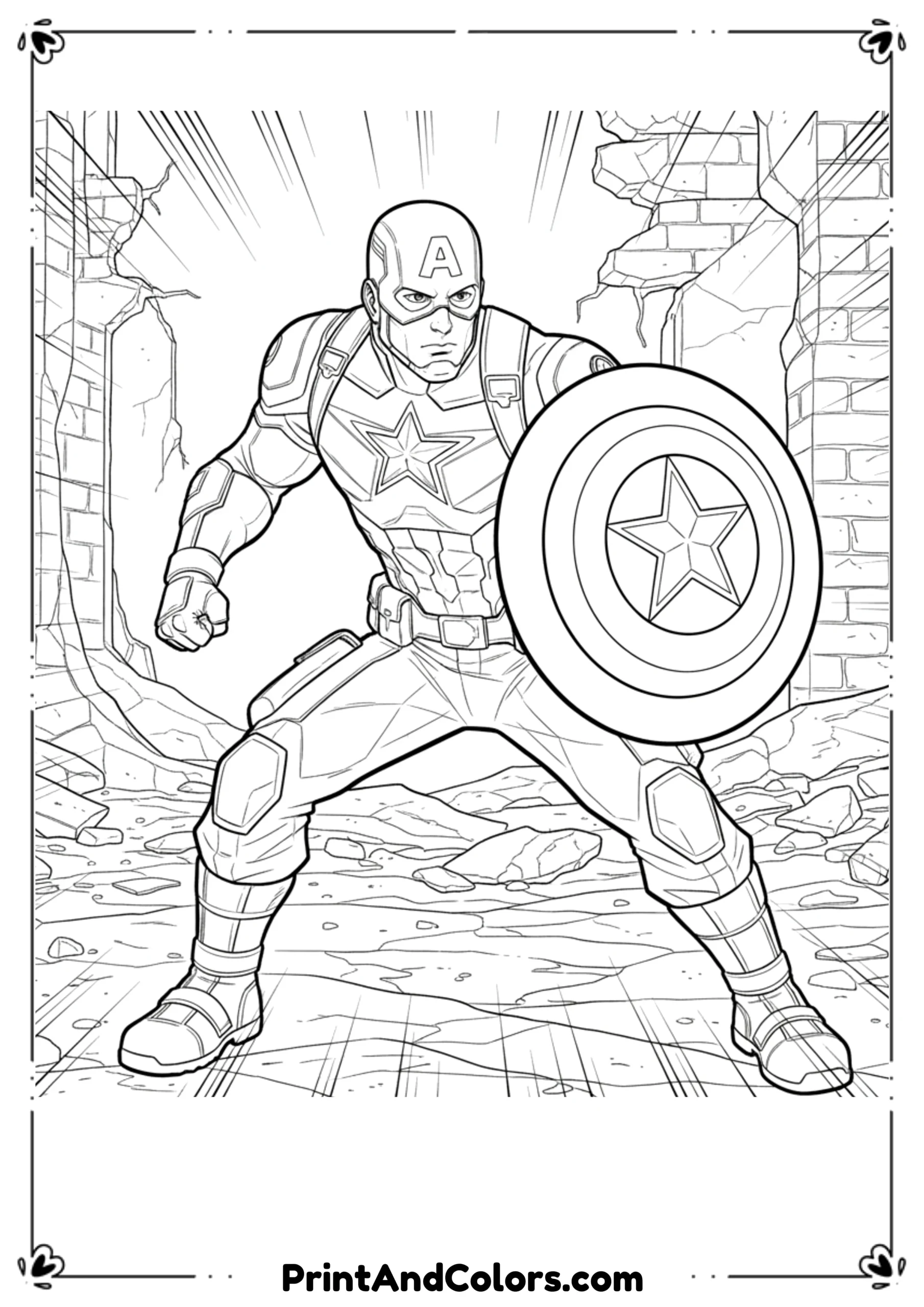 Black and white comic art of Captain America sneaking on a mission, shield in one hand, crouching pose.