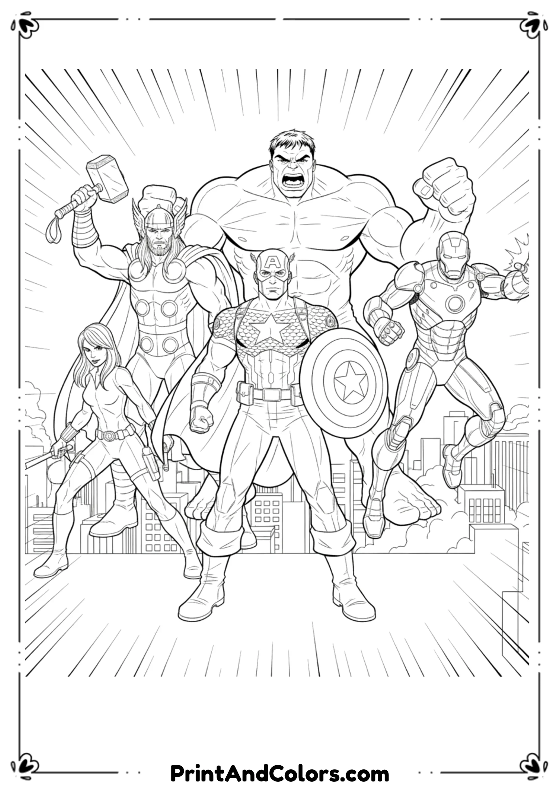 Black and white line drawing of Captain America standing with Avengers team members in comic outlines.
