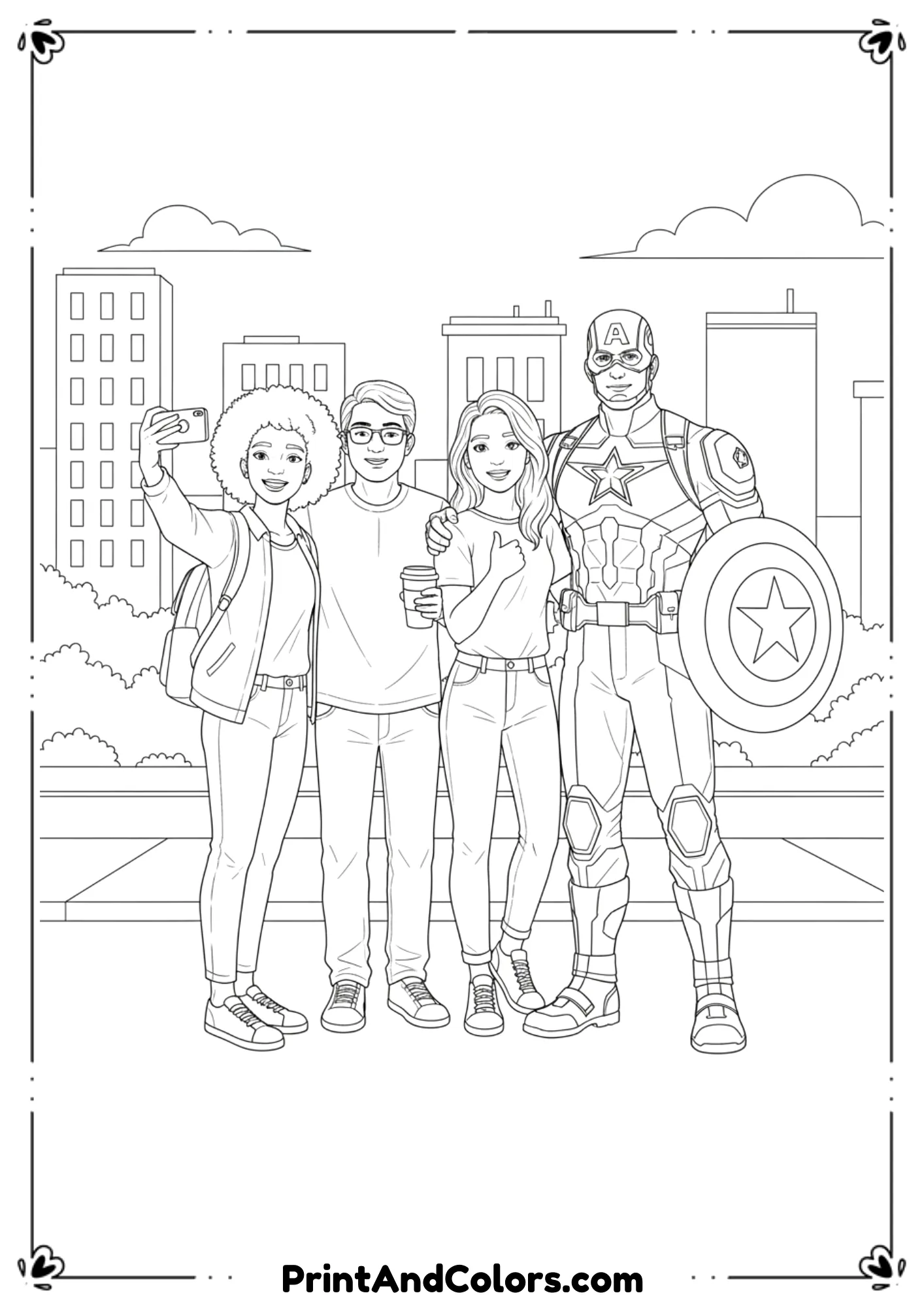  Black and white outline of Captain America standing beside civilian friends, friendly pose.