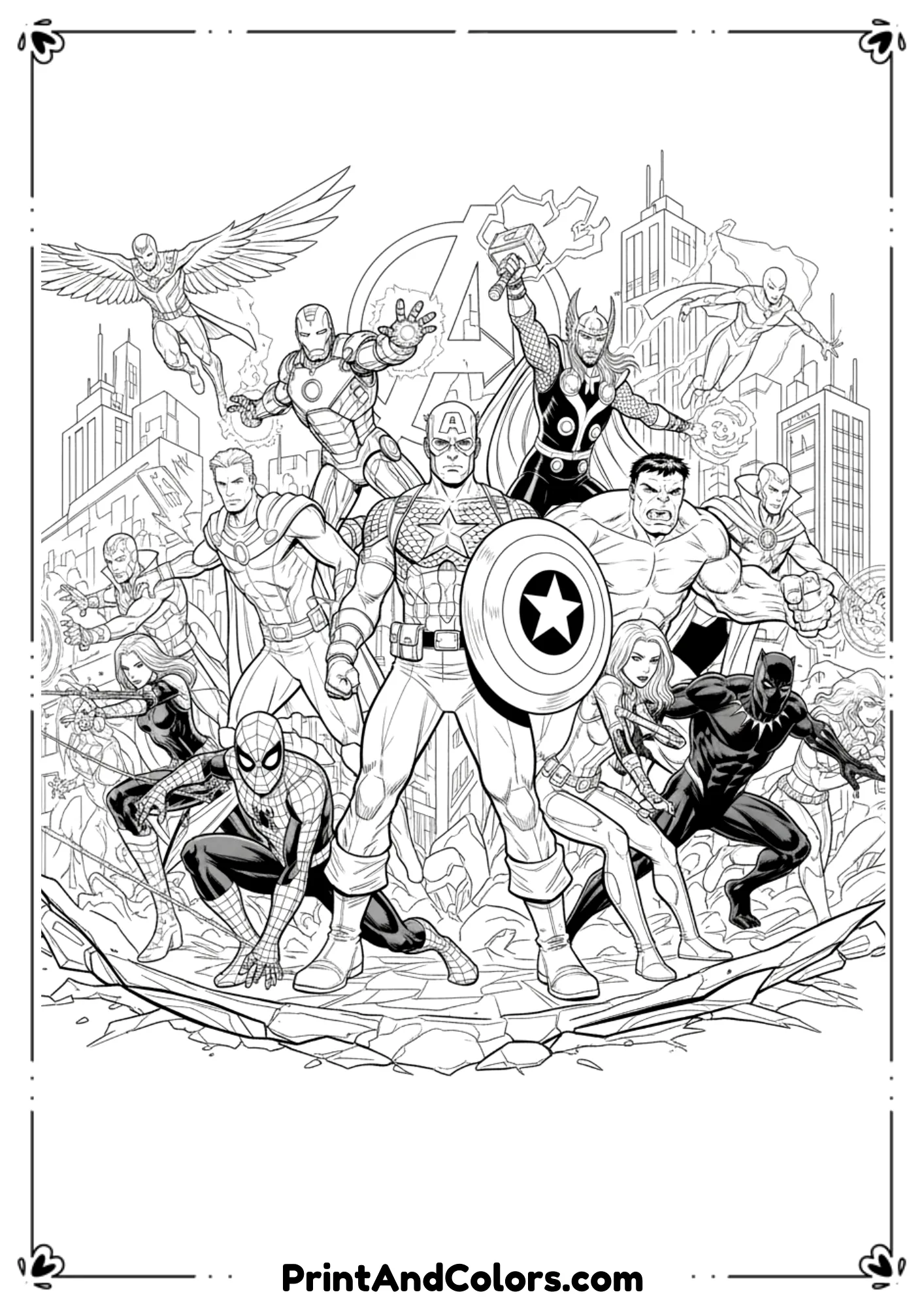 Detailed line art of Avengers group with Captain America in center holding shield, surrounded by teammates.
