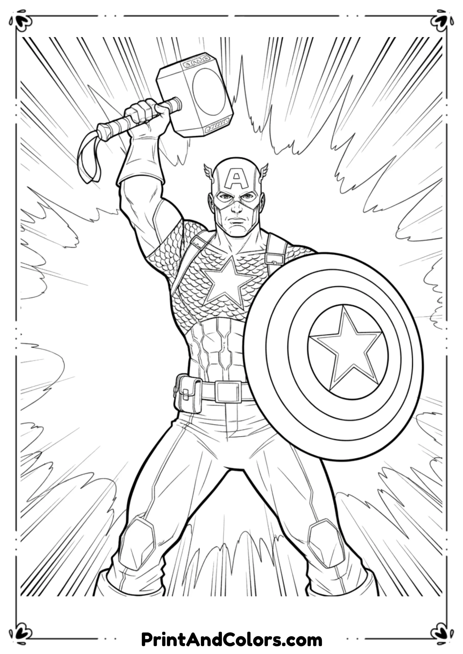 Black and white line art of Captain America lifting Thor’s hammer (Mjolnir) in one hand and shield in the other, epic comic-style design.
