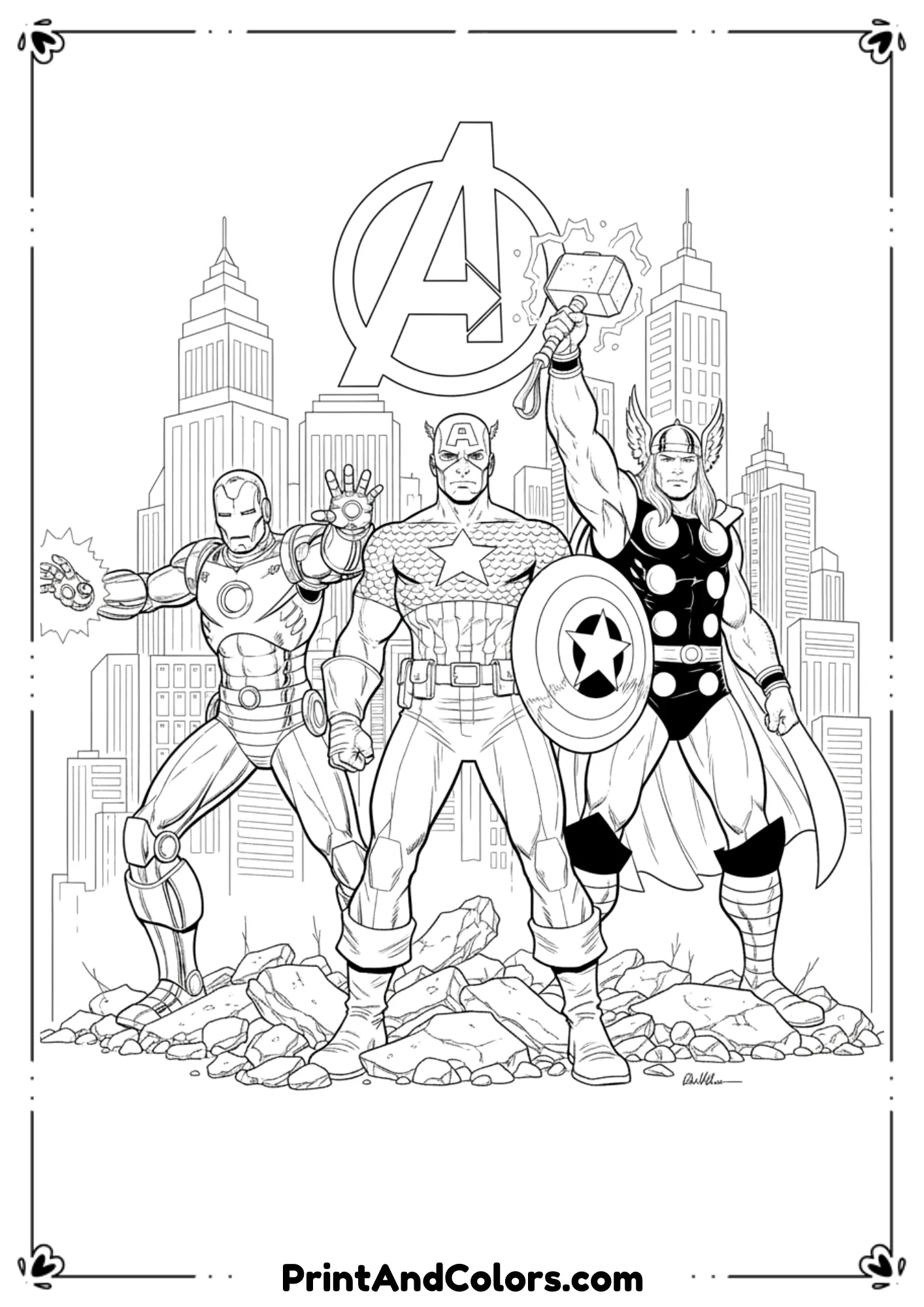 Black and white outline of Captain America standing between Thor with hammer and Iron Man with repulsor.
