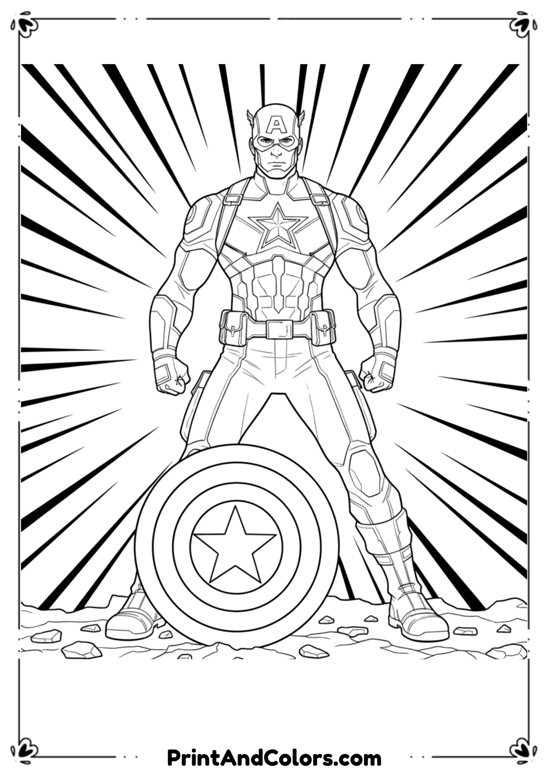  Line art of Captain America standing firmly with shield on ground, famous pose from comics, bold outlines.
