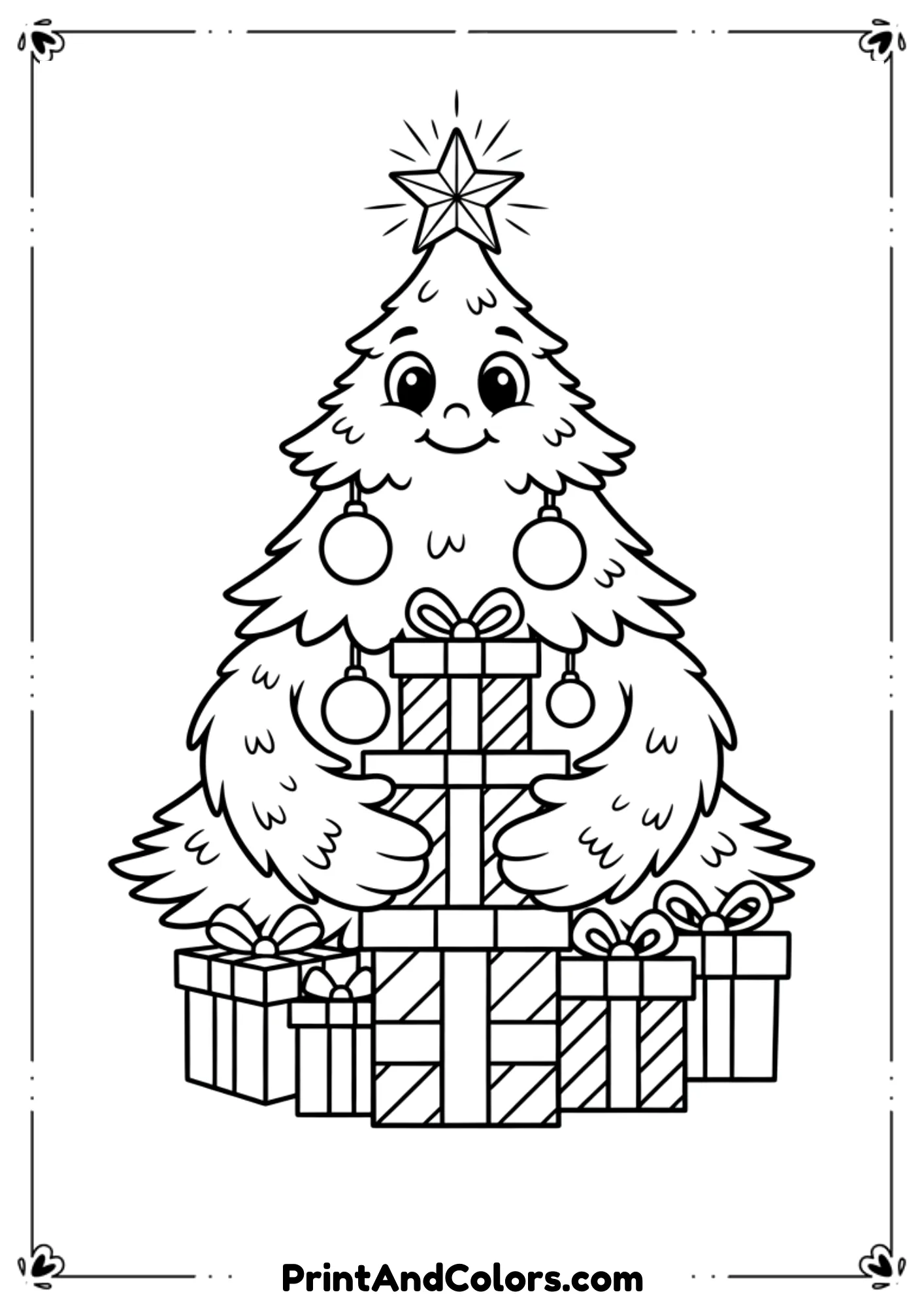 Cute cartoon-style Christmas tree with expressive eyes and happy smile, wrapping its branches around a stack of presents as if hugging them. Bold outlines, playful and easy for kids.
