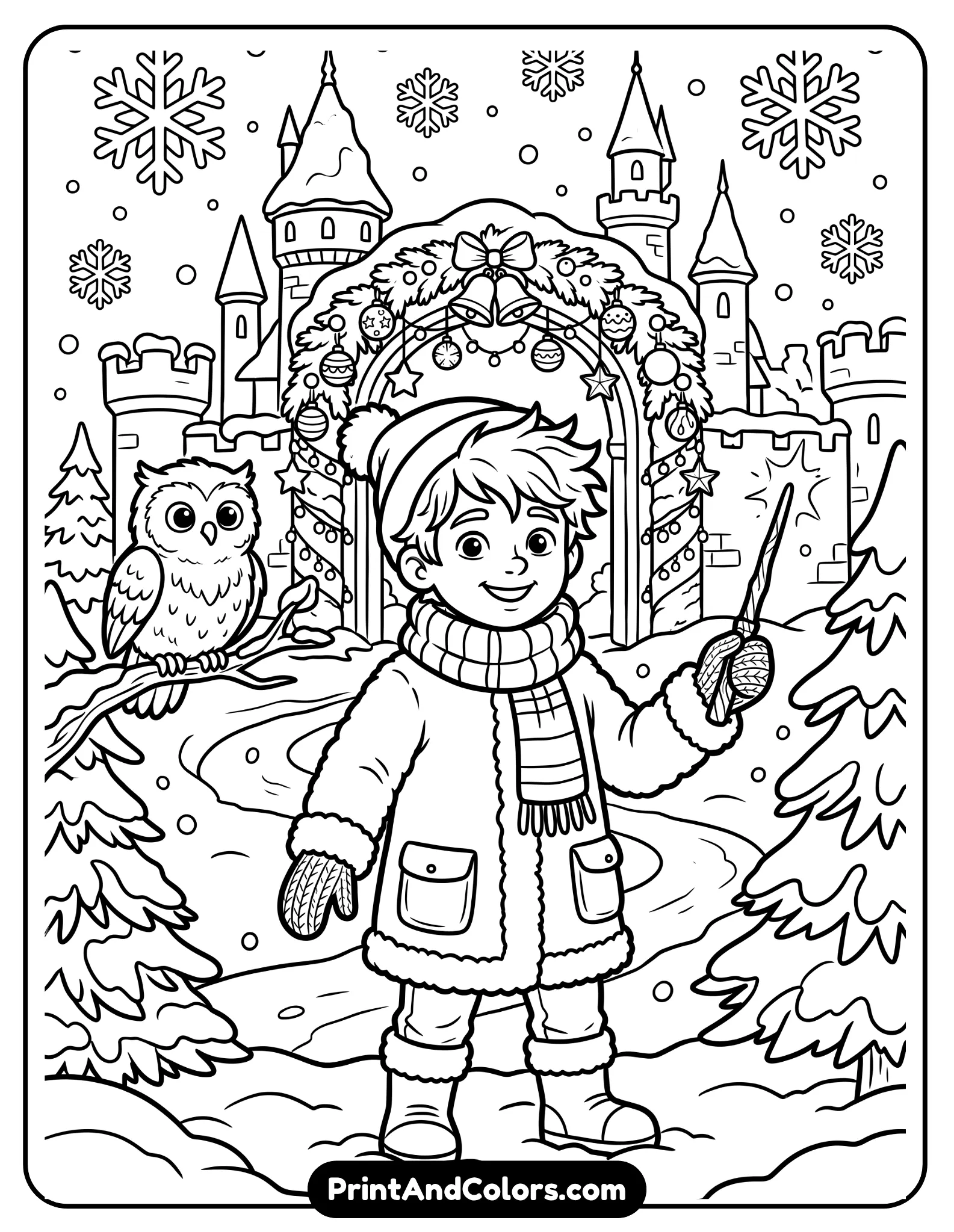 Cute cartoon-style black and white coloring page of a young wizard wearing a fluffy winter coat, scarf, and gloves while holding a wand in snowy weather. Include snowflakes, owl companion, castle towers, and holiday fantasy decorations. Bold printable outlines for kids coloring fun