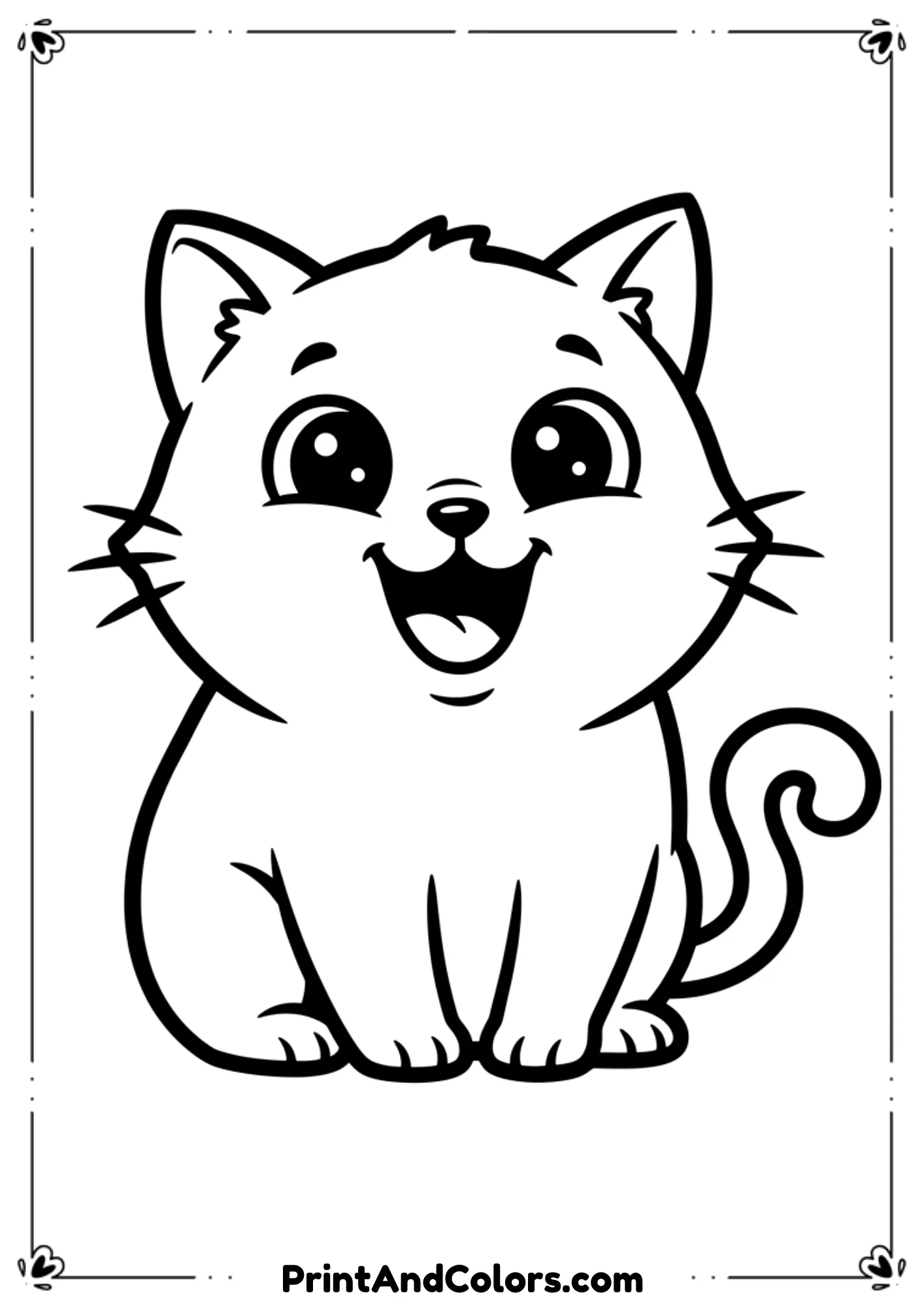  Simple cartoon kitten with a big joyful smile, outlined boldly for easy coloring, perfect for preschool kids.
