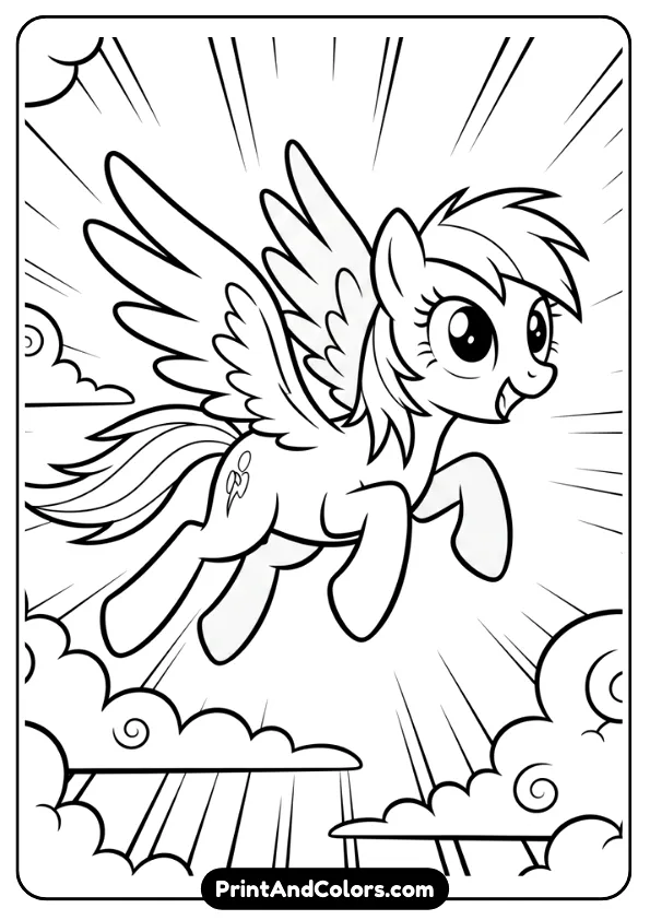Design a black and white cartoon-style coloring page of Rainbow Dash flying fast through clouds with confident smile. Motion lines, bold outlines, no grayscale.