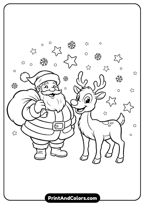 Black and white line art of a cartoon Santa Claus standing beside Rudolph the Red-Nosed Reindeer. Make expressions cheerful and outlines bold. Add stars or snowflakes