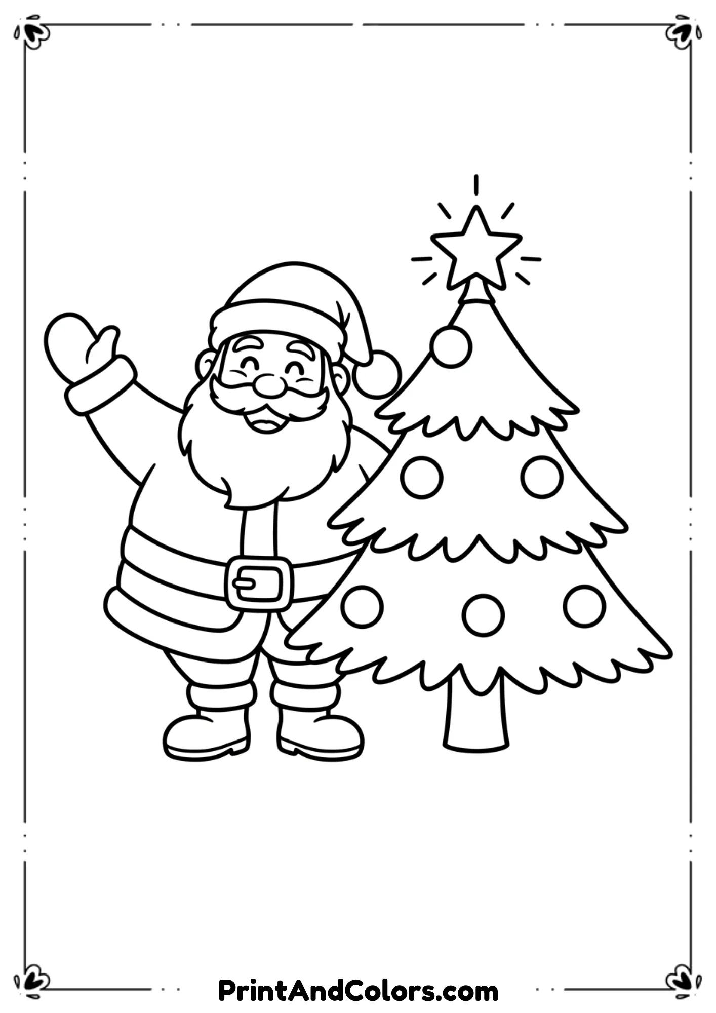  Cute cartoon Santa standing beside a Christmas tree, waving happily, simple ornaments, big bold lines. Kid-friendly and fun.
