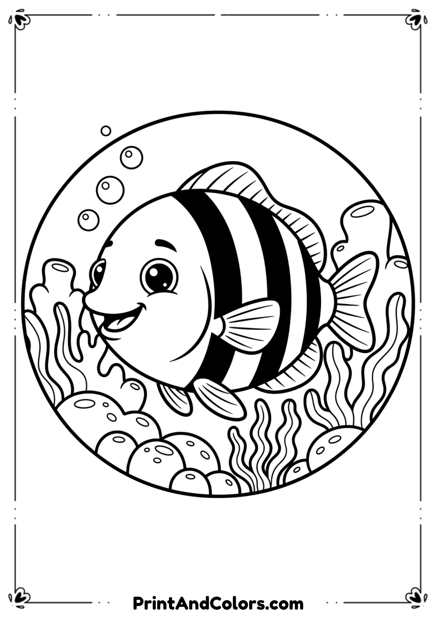 Cute cartoon sergeant major fish with bold stripes, smiling face, and simple fins. Add coral reef shapes, sea plants and bubbles. Thick outlines for easy coloring.
